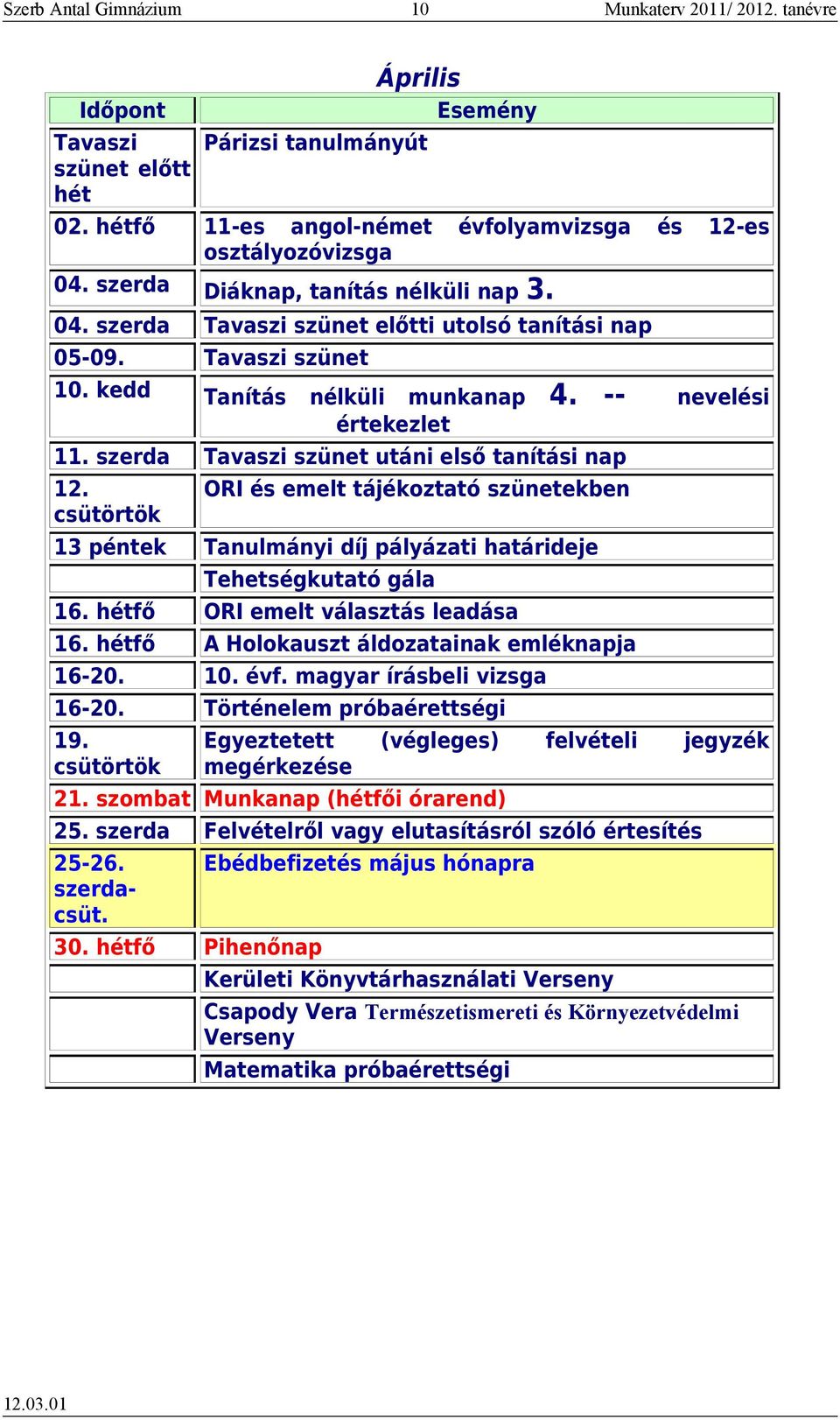 szerda Tavaszi szünet utáni első tanítási nap 12. ORI és emelt tájékoztató szünetekben 13 péntek Tanulmányi díj pályázati határideje Tehetségkutató gála 16. hétfő ORI emelt választás leadása 16.