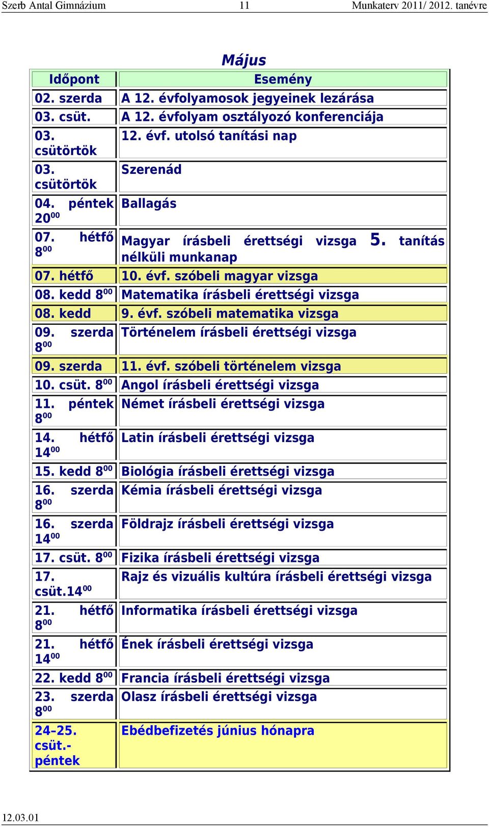 kedd 9. évf. szóbeli matematika vizsga 09. szerda Történelem írásbeli érettségi vizsga 8 00 09. szerda 11. évf. szóbeli történelem vizsga 10. csüt. 8 00 Angol írásbeli érettségi vizsga 11.