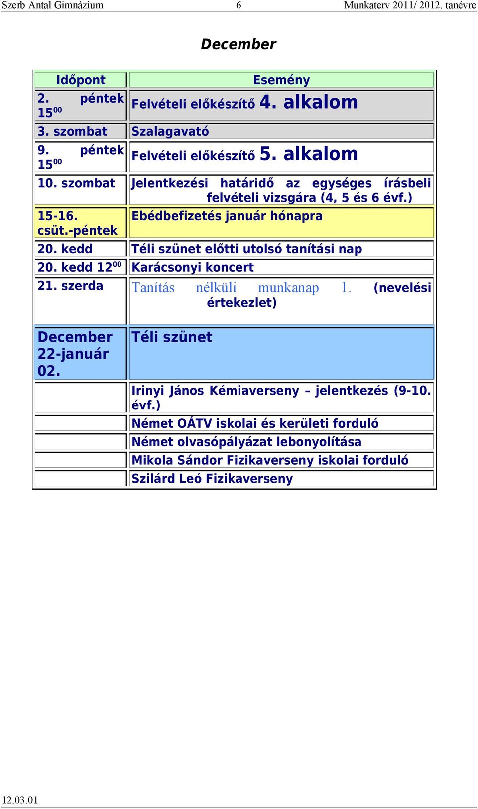 kedd Téli szünet előtti utolsó tanítási nap 20. kedd 12 00 Karácsonyi koncert 21. szerda Tanítás nélküli munkanap 1. (nevelési értekezlet) December 22-január 02.