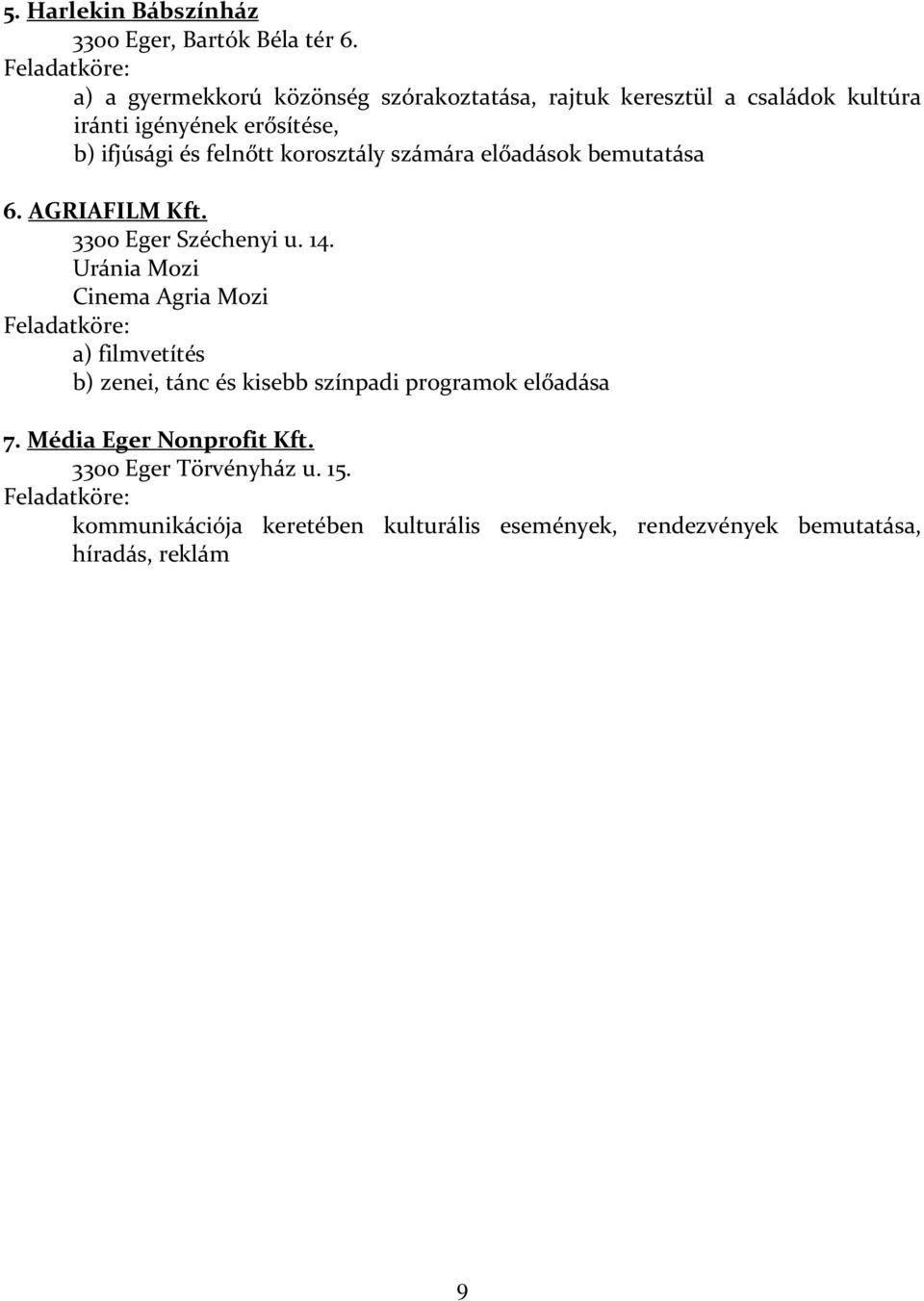 felnőtt korosztály számára előadások bemutatása 6. AGRIAFILM Kft. 3300 Eger Széchenyi u. 14.