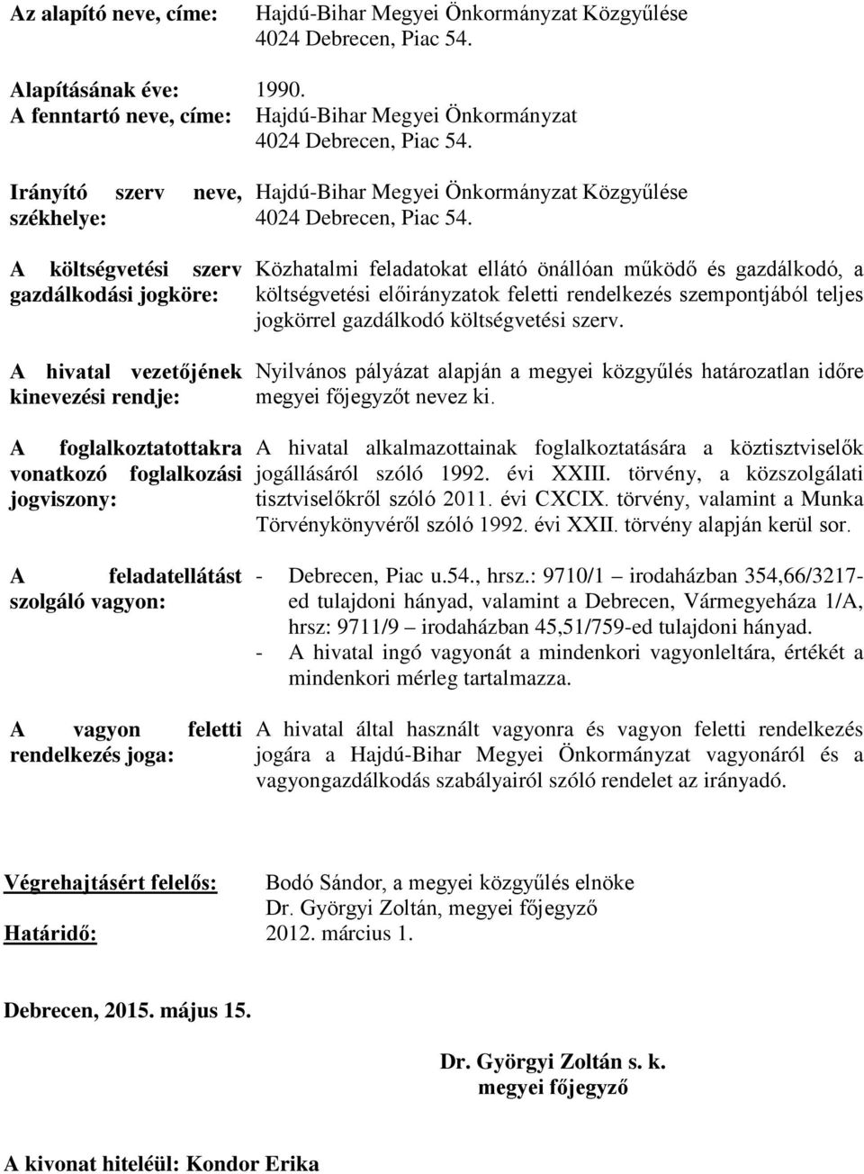 szolgáló vagyon: A vagyon feletti rendelkezés joga: Hajdú-Bihar Megyei Önkormányzat Közgyűlése 4024 Debrecen, Piac 54.