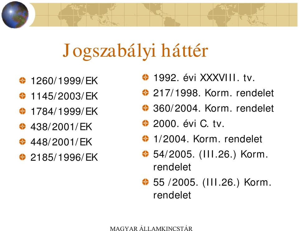 Korm. rendelet 360/2004. Korm. rendelet 2000. évi C. tv. 1/2004.
