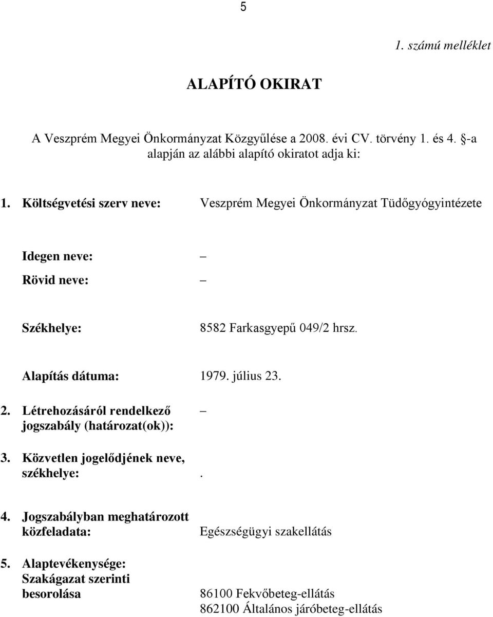 Költségvetési szerv neve: Veszprém Megyei Önkormányzat Tüdőgyógyintézete Idegen neve: Rövid neve: Székhelye: 8582 Farkasgyepű 049/2 hrsz.