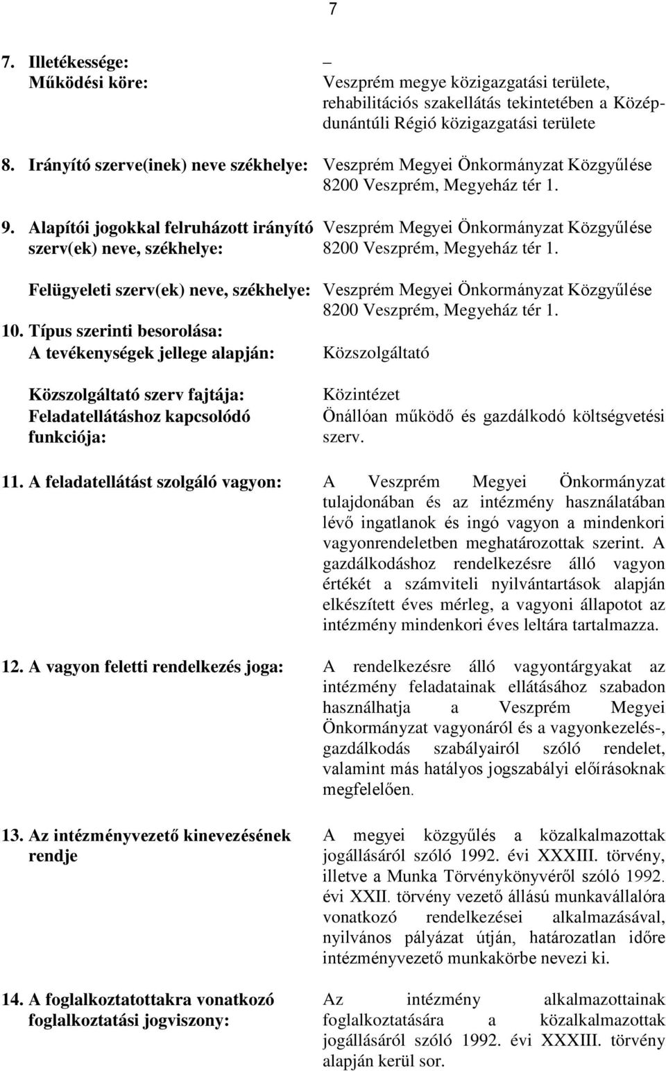 Alapítói jogokkal felruházott irányító szerv(ek) neve, székhelye: Veszprém Megyei Önkormányzat Közgyűlése 8200 Veszprém, Megyeház tér 1.