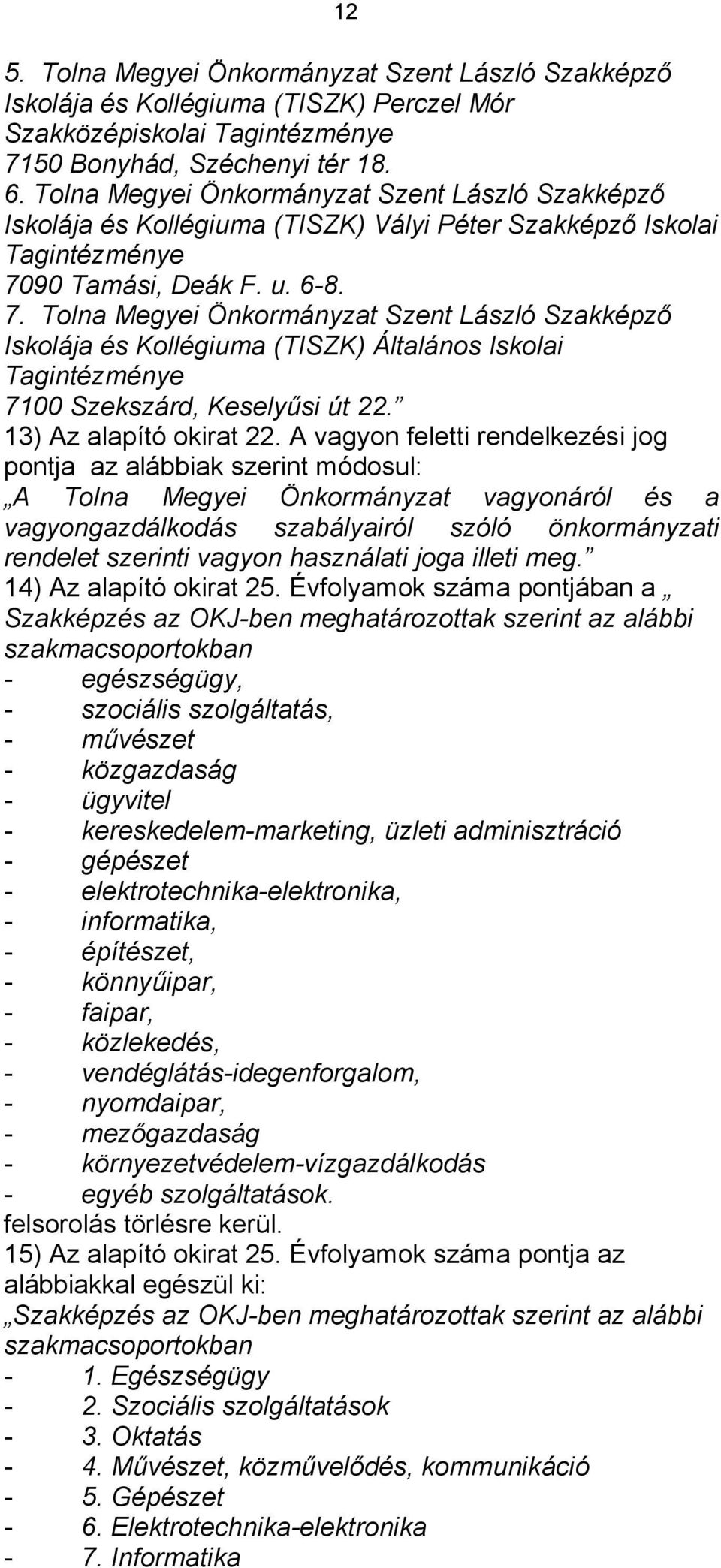 90 Tamási, Deák F. u. 6-8. 7. Tolna Megyei Önkormányzat Szent László Szakképző Iskolája és Kollégiuma (TISZK) Általános Iskolai Tagintézménye 7100 Szekszárd, Keselyűsi út 22. 13) Az alapító okirat 22.