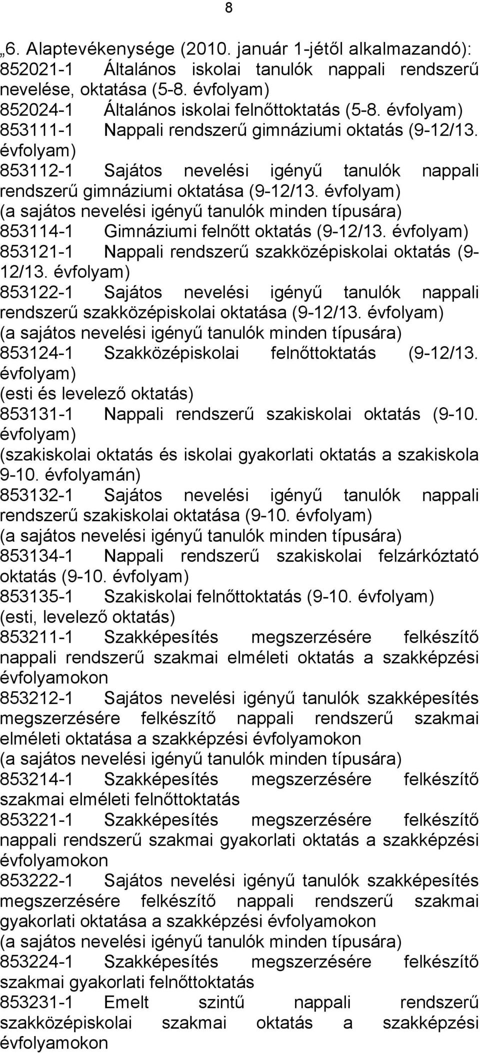 évfolyam) (a sajátos nevelési igényű tanulók minden típusára) 853114-1 Gimnáziumi felnőtt oktatás (9-12/13. évfolyam) 853121-1 Nappali rendszerű szakközépiskolai oktatás (9-12/13.