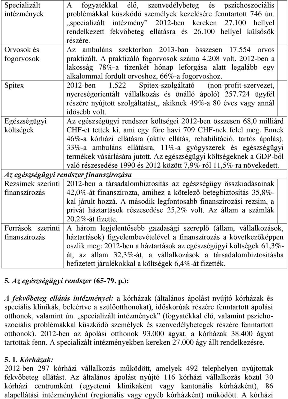 A praktizáló fogorvosok száma 4.208 volt. 2012-ben a lakosság 78%-a tizenkét hónap leforgása alatt legalább egy alkalommal fordult orvoshoz, 66%-a fogorvoshoz. Spitex 2012-ben 1.