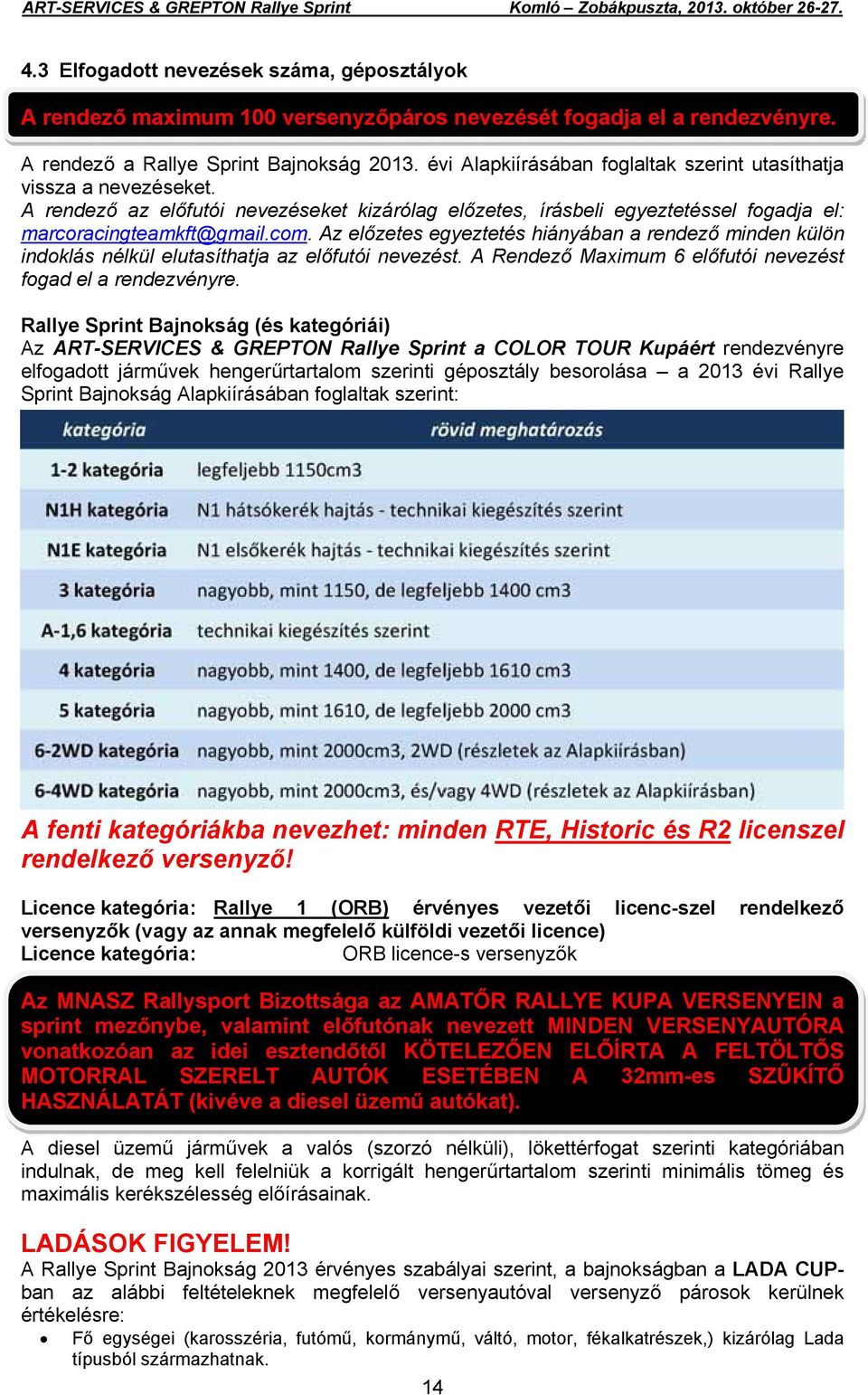 Az előzetes egyeztetés hiányában a rendező minden külön indoklás nélkül elutasíthatja az előfutói nevezést. A Rendező Maximum 6 előfutói nevezést fogad el a rendezvényre.