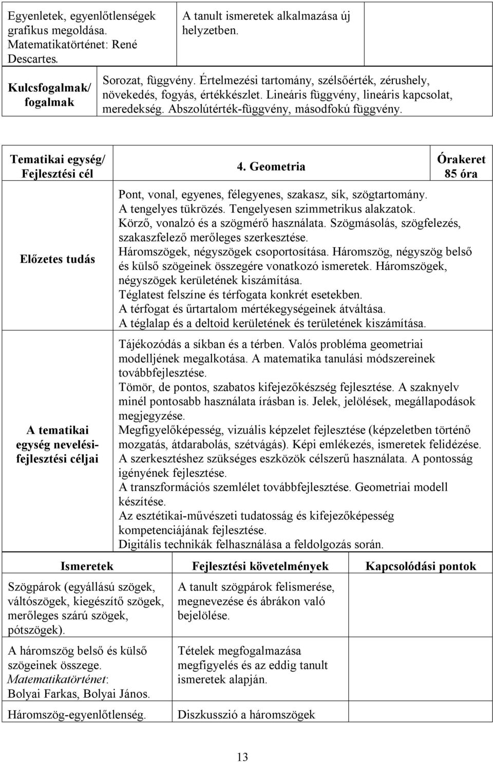Tematikai egység/ Fejlesztési cél Előzetes tudás A tematikai egység nevelésifejlesztési céljai 4. Geometria Órakeret 85 óra Pont, vonal, egyenes, félegyenes, szakasz, sík, szögtartomány.