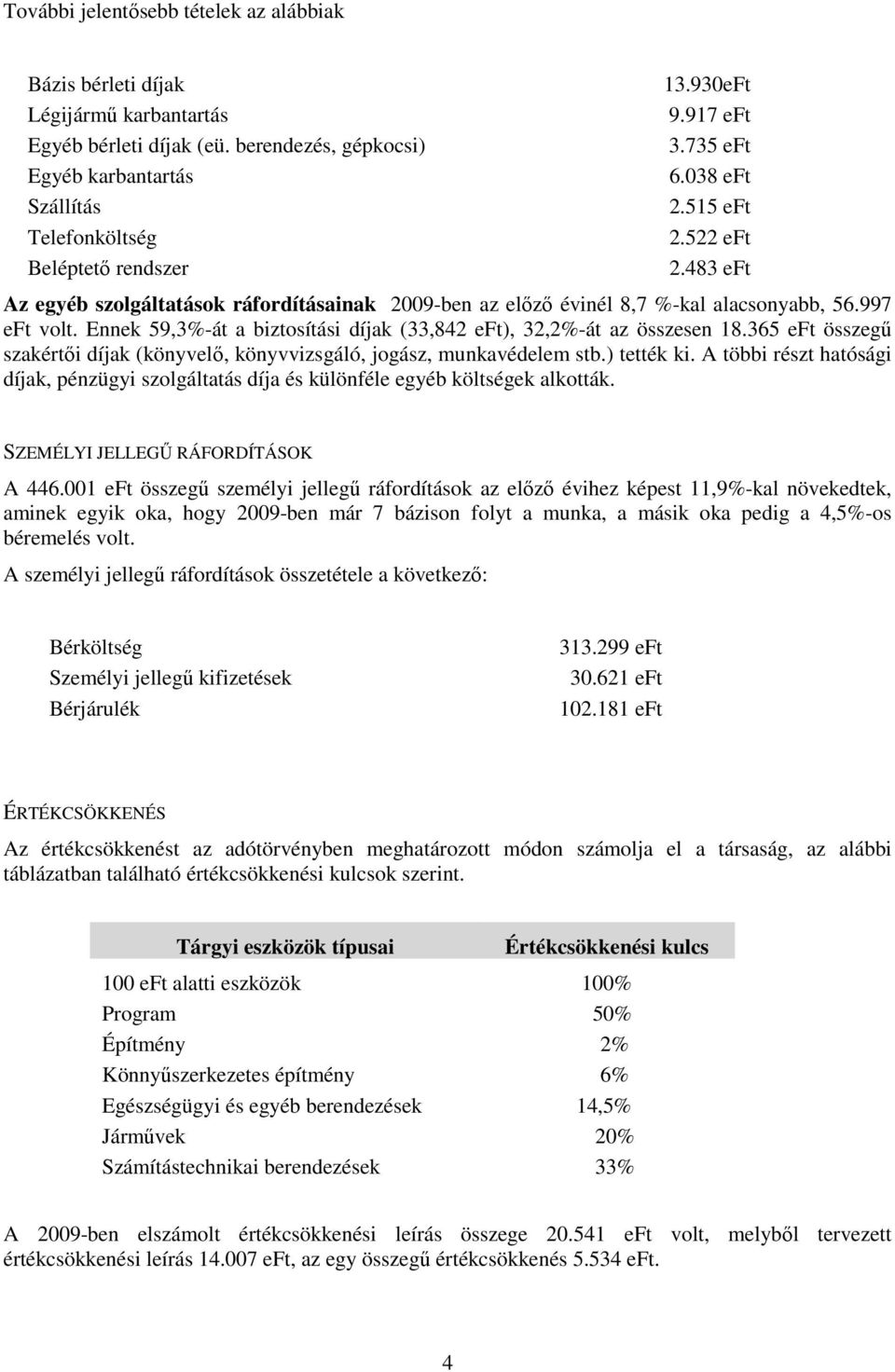 Ennek 59,3%-át a biztosítási díjak (33,842 eft), 32,2%-át az összesen 18.365 eft összegű szakértői díjak (könyvelő, könyvvizsgáló, jogász, munkavédelem stb.) tették ki.