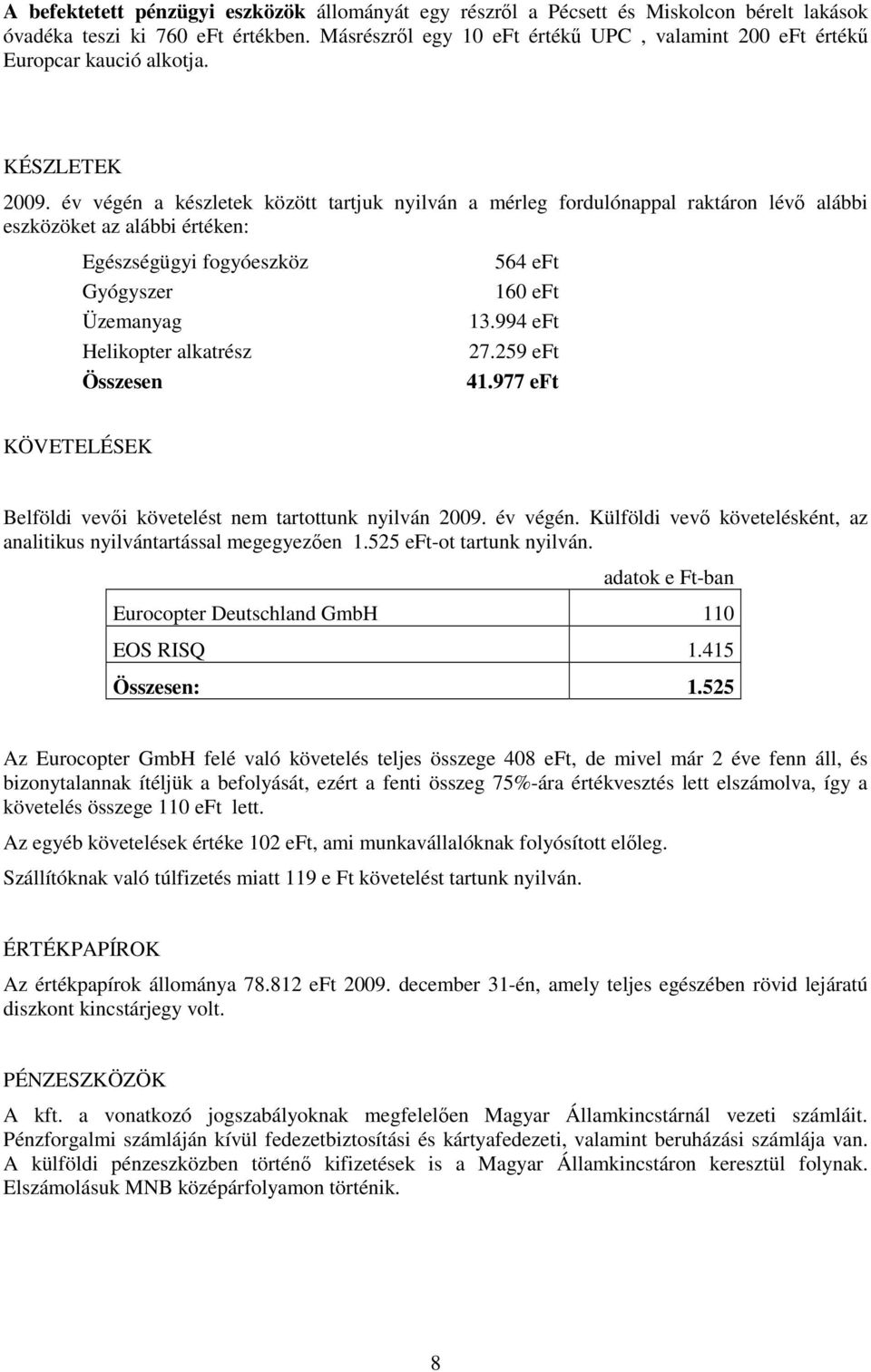 év végén a készletek között tartjuk nyilván a mérleg fordulónappal raktáron lévő alábbi eszközöket az alábbi értéken: Egészségügyi fogyóeszköz Gyógyszer Üzemanyag Helikopter alkatrész Összesen 564