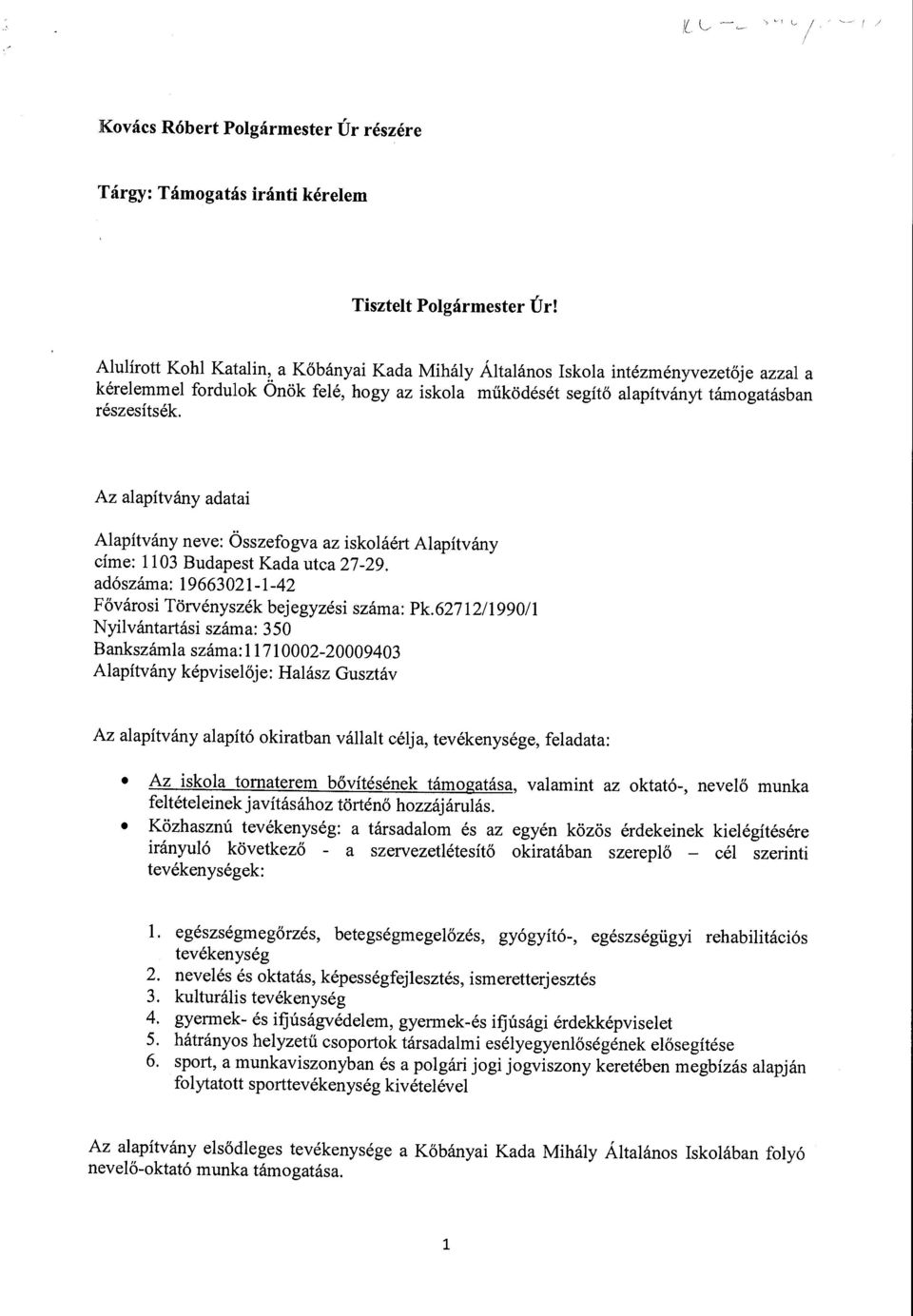 Az alapítvány adatai Alapítvány neve: Összefogva az iskoláért Alapítvány címe: 1103 Budapest Kada utca 27-29. adószáma: 19663021-1-42 Fővárosi Törvényszék bejegyzési száma: Pk.