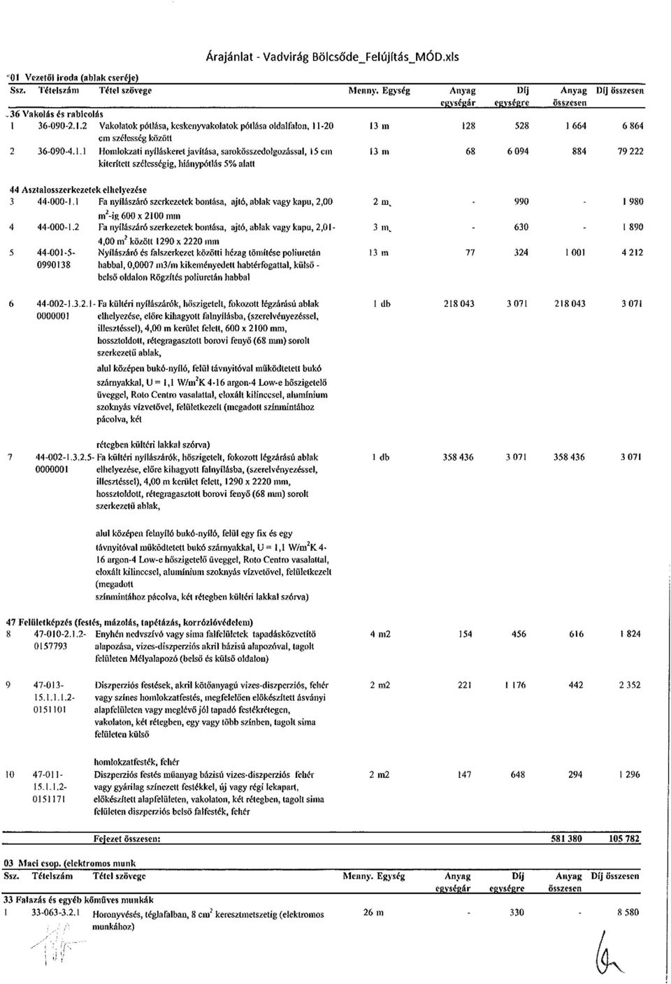 Asztalosszerkezelek elhelyezése 3 44-000-1.1 Fa nyílászáró szerkezetek bontása, ajtó, ablak vagy kapu, 2,00 in 2 -ig 600 x 2100 inm 4 44-000-1.