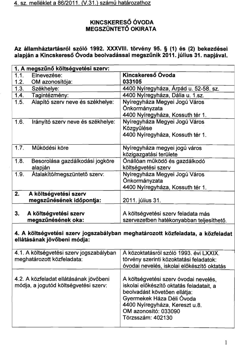 Tagintézmény: 1.5. Alapító szerv neve és székhelye: 1.6. Irányító szerv neve és székhelye: 1.7. Működési köre 1.8. Besorolása gazdálkodási jogköre alapján 1.9. Atalakító/megszüntető szerv: 2.