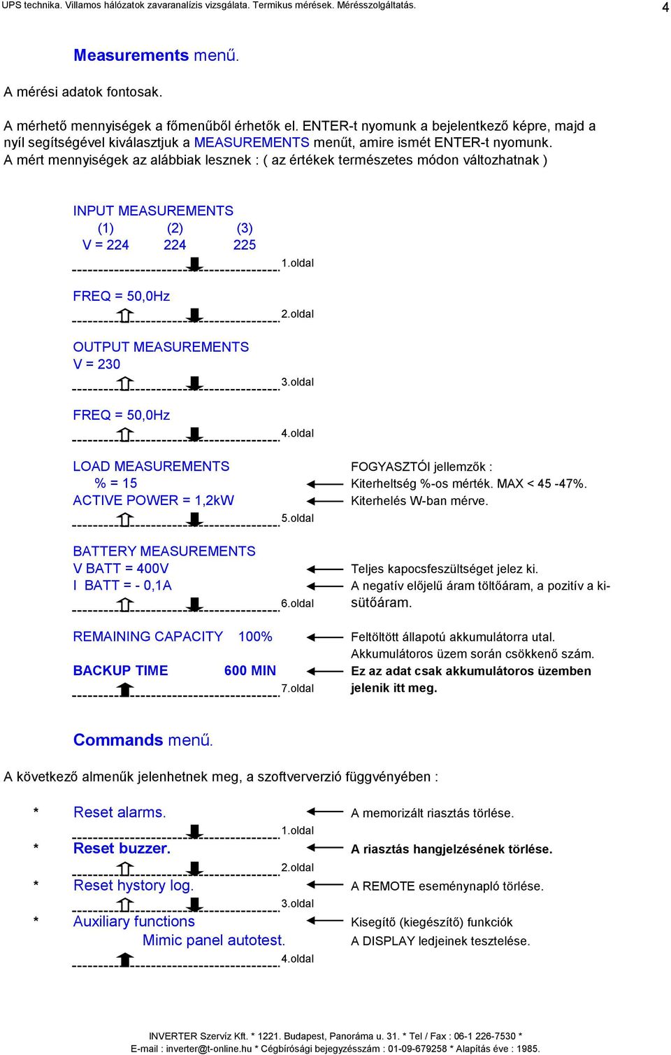 A mért mennyiségek az alábbiak lesznek : ( az értékek természetes módon változhatnak ) INPUT MEASUREMENTS (1) (2) (3) V = 224 224 225 FREQ = 50,0Hz OUTPUT MEASUREMENTS V = 230 FREQ = 50,0Hz 1.oldal 2.
