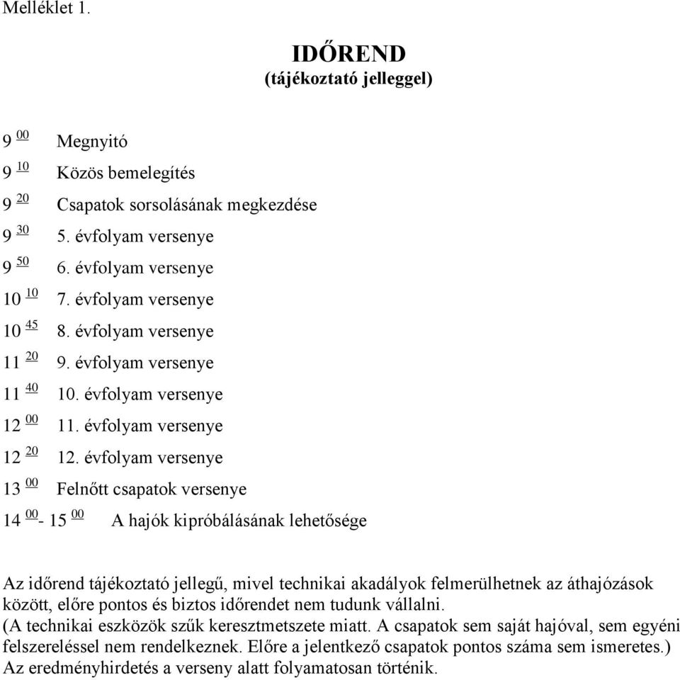 évfolyam versenye 13 00 Felnőtt csapatok versenye 14 00-15 00 A hajók kipróbálásának lehetősége Az időrend tájékoztató jellegű, mivel technikai akadályok felmerülhetnek az áthajózások között, előre