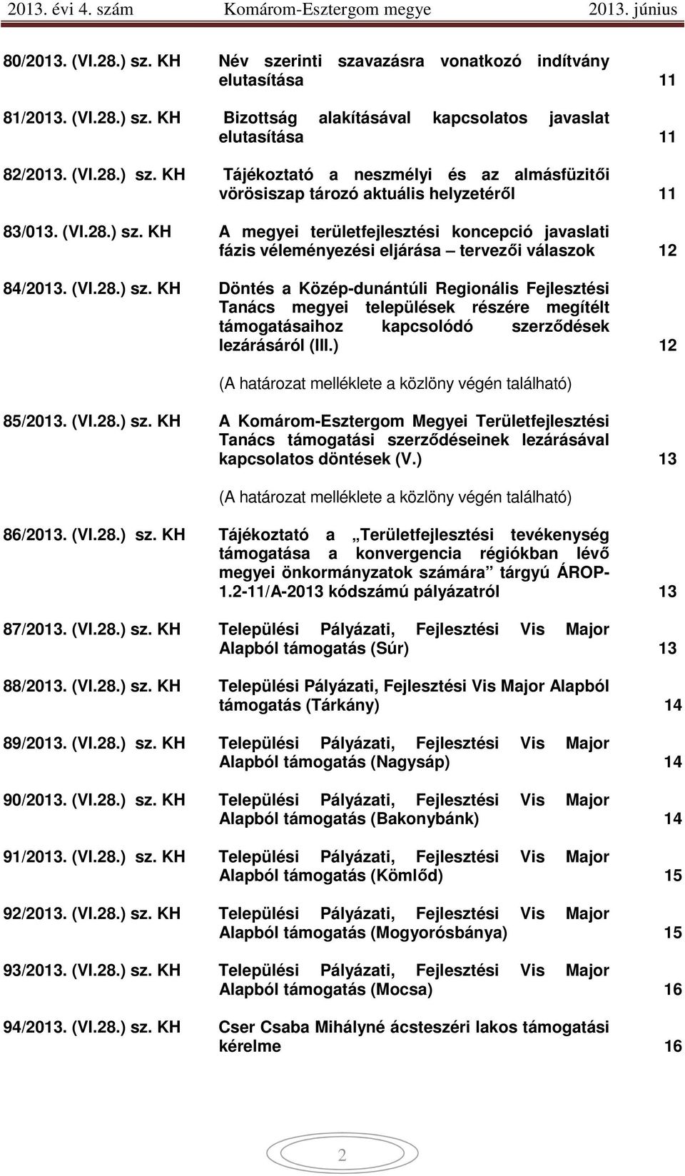 ) 12 (A határozat melléklete a közlöny végén található) 85/2013. (VI.28.) sz. KH A Komárom-Esztergom Megyei Területfejlesztési Tanács támogatási szerződéseinek lezárásával kapcsolatos döntések (V.