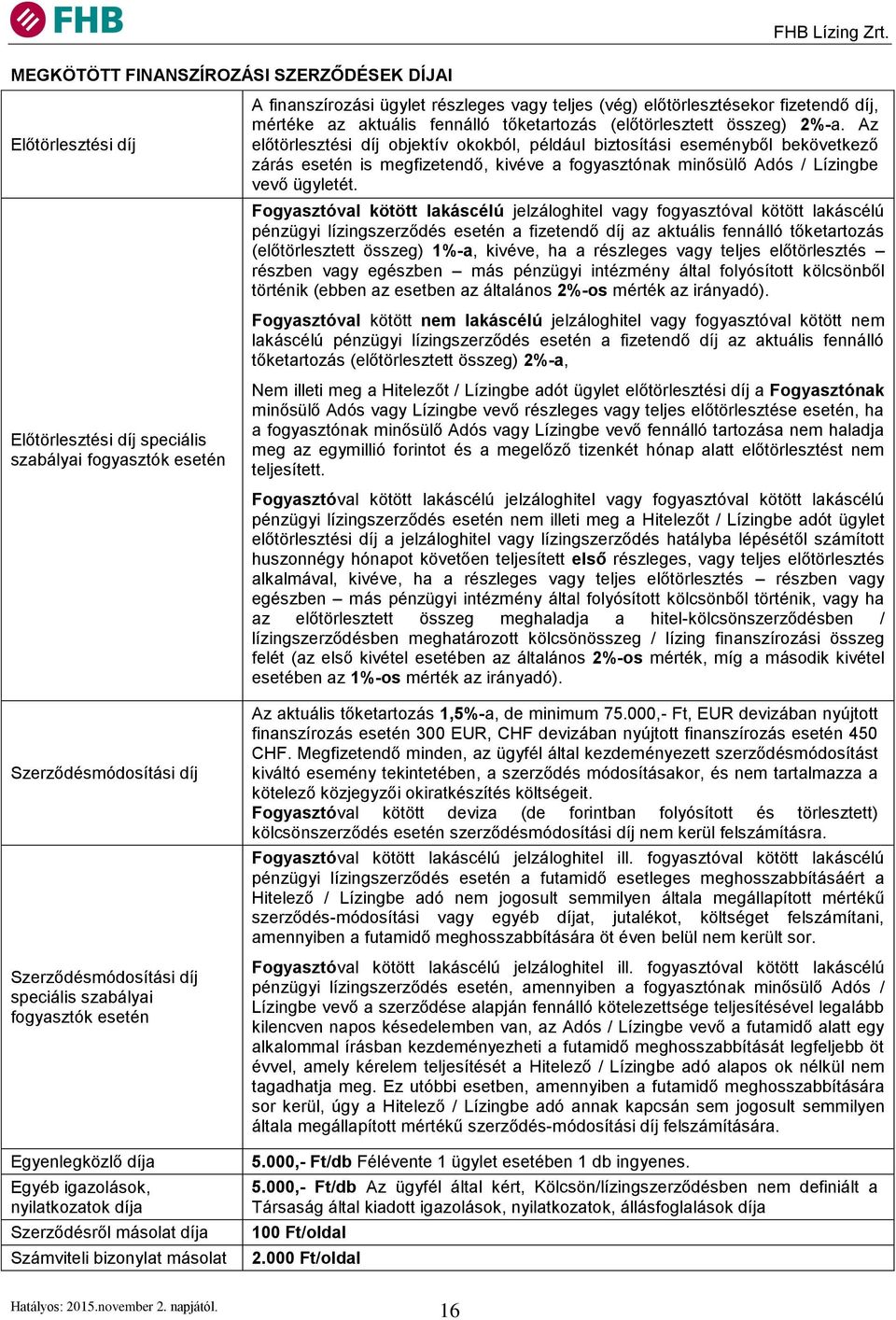 Az előtörlesztési díj objektív okokból, például biztosítási eseményből bekövetkező zárás esetén is megfizetendő, kivéve a fogyasztónak minősülő Adós / Lízingbe vevő ügyletét.