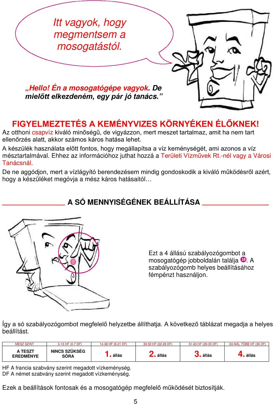 A készülék használata előtt fontos, hogy megállapítsa a víz keménységét, ami azonos a víz mésztartalmával. Ehhez az információhoz juthat hozzá a Területi Vízművek Rt.-nél vagy a Városi Tanácsnál.