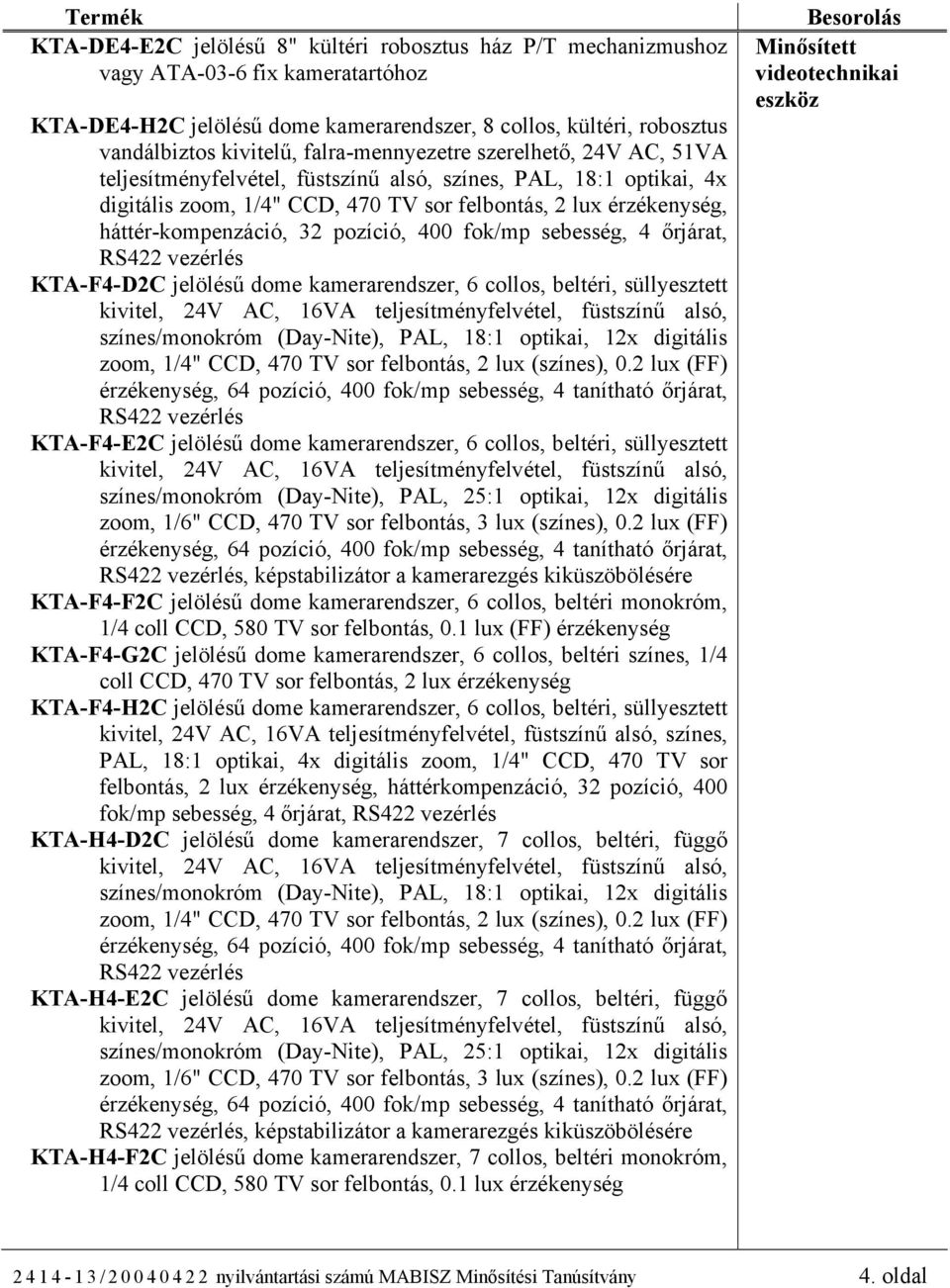 dome kamerarendszer, 6 collos, beltéri, süllyesztett kivitel, 24V AC, 16VA teljesítményfelvétel, füstszínű alsó, színes/monokróm (Day-Nite), PAL, 18:1 optikai, 12x digitális zoom, 1/4" CCD, 470 TV