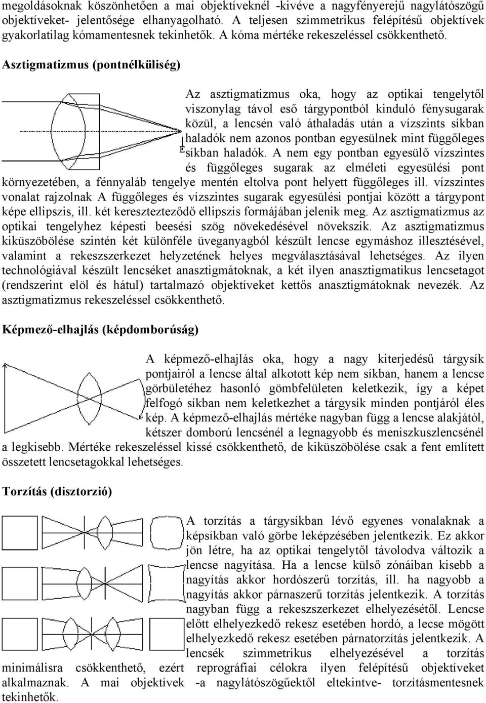 Asztigmatizmus (pontnélküliség) Az asztigmatizmus oka, hogy az optikai tengelytől viszonylag távol eső tárgypontból kinduló fénysugarak közül, a lencsén való áthaladás után a vízszints síkban haladók