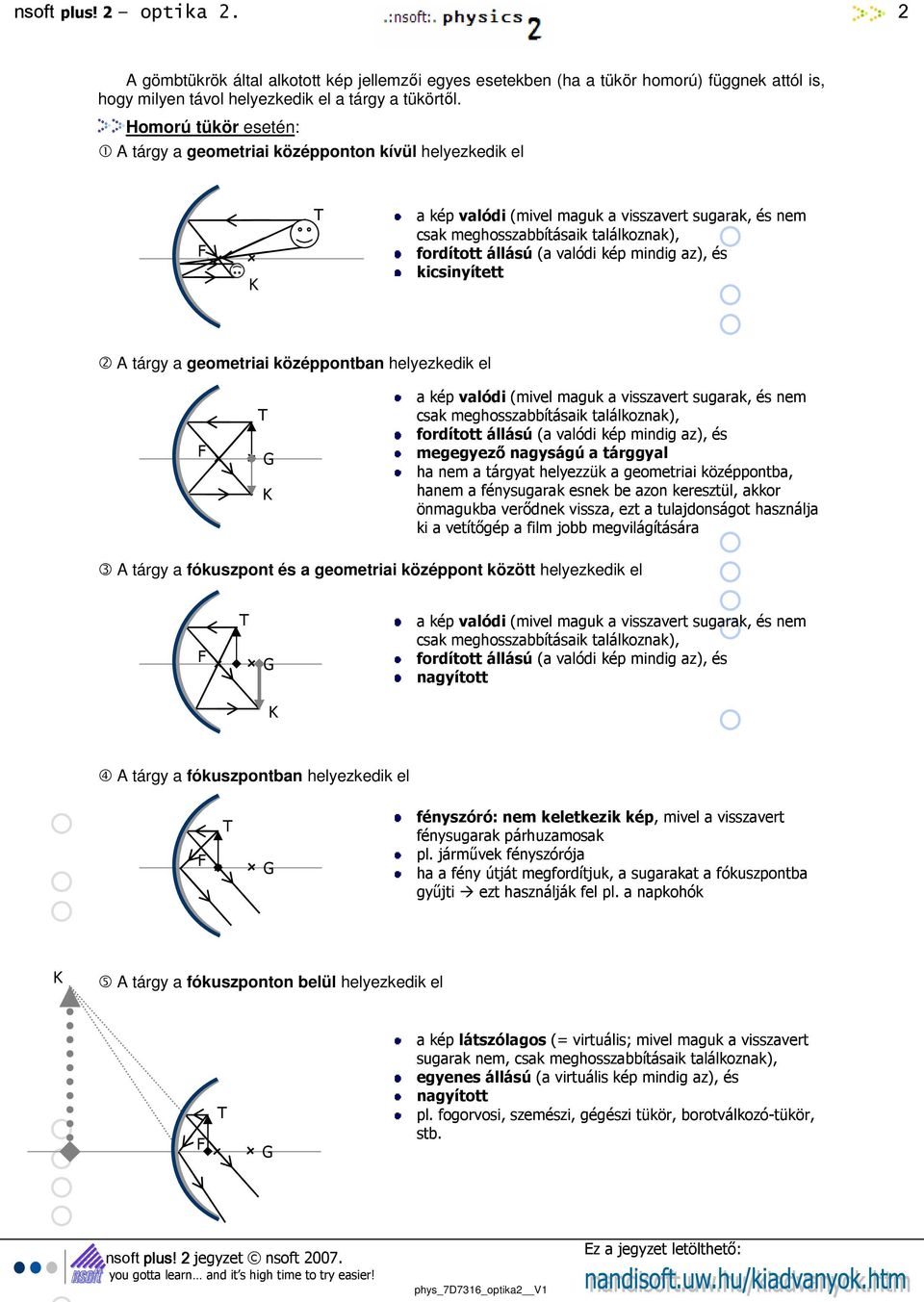 kcsnyített 2 A tágy a geometa középpontban helyezkedk el a kép valód (mvel maguk a vsszavet sugaak, és nem csak meghosszabbításak találkoznak), fodított állású (a valód kép mndg az), és megegyezı