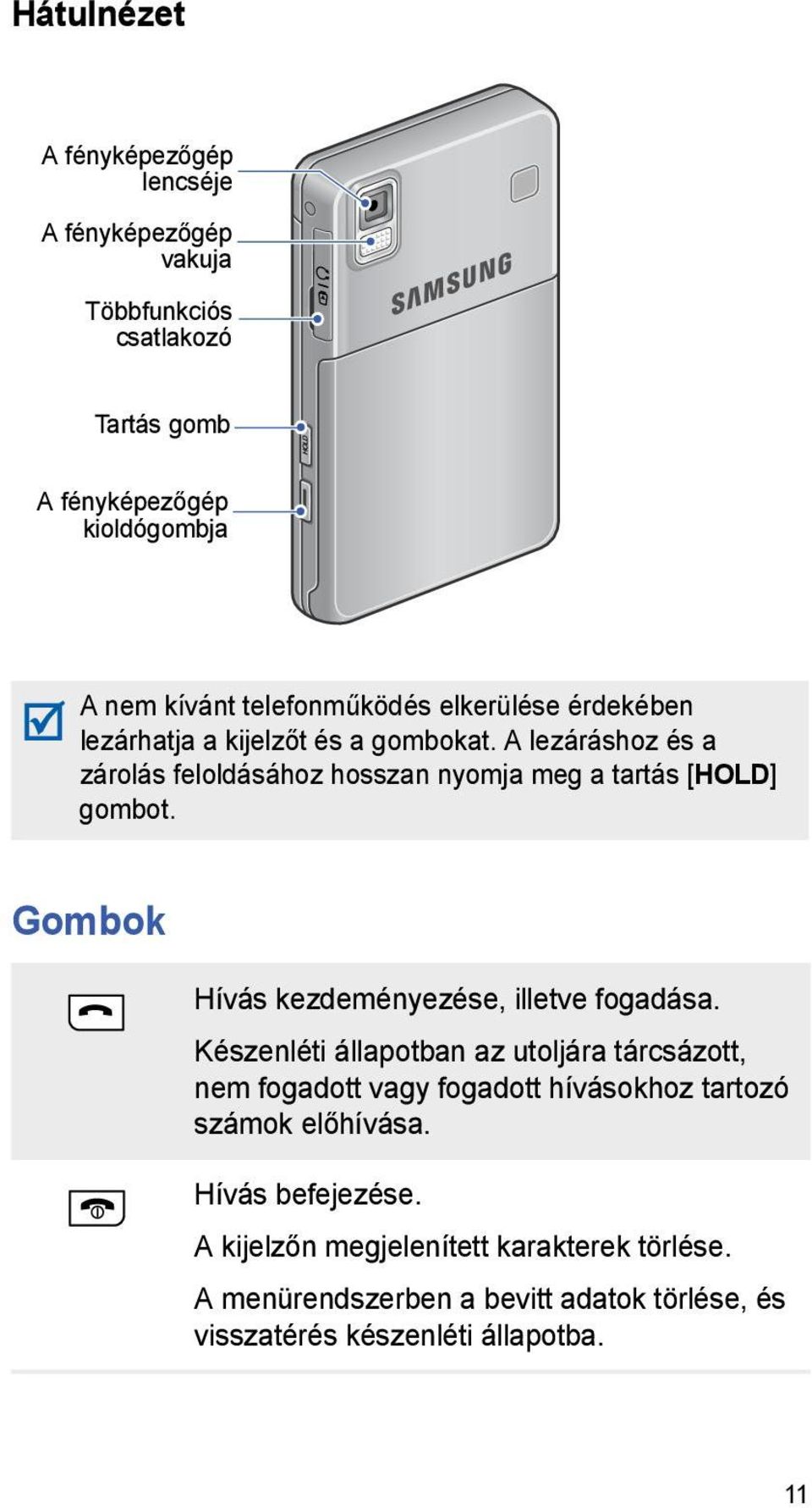 A lezáráshoz és a zárolás feloldásához hosszan nyomja meg a tartás [HOLD] gombot. Gombok Hívás kezdeményezése, illetve fogadása.