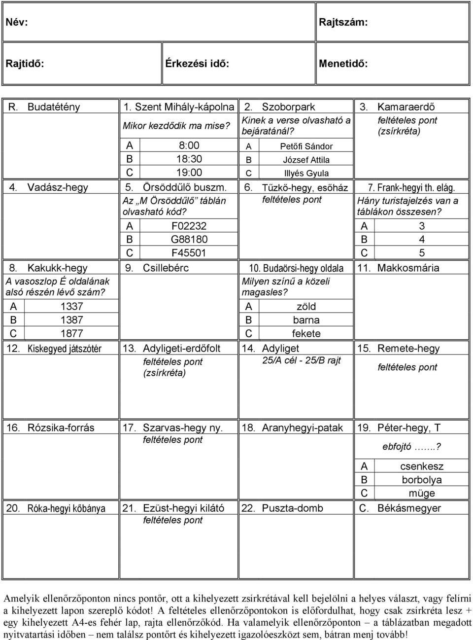 feltételes pont Hány turistajelzés van a táblákon összesen? A F02232 A 3 B G88180 B 4 C F45501 C 5 8. Kakukk-hegy 9. Csillebérc 10. Budaörsi-hegy oldala 11.