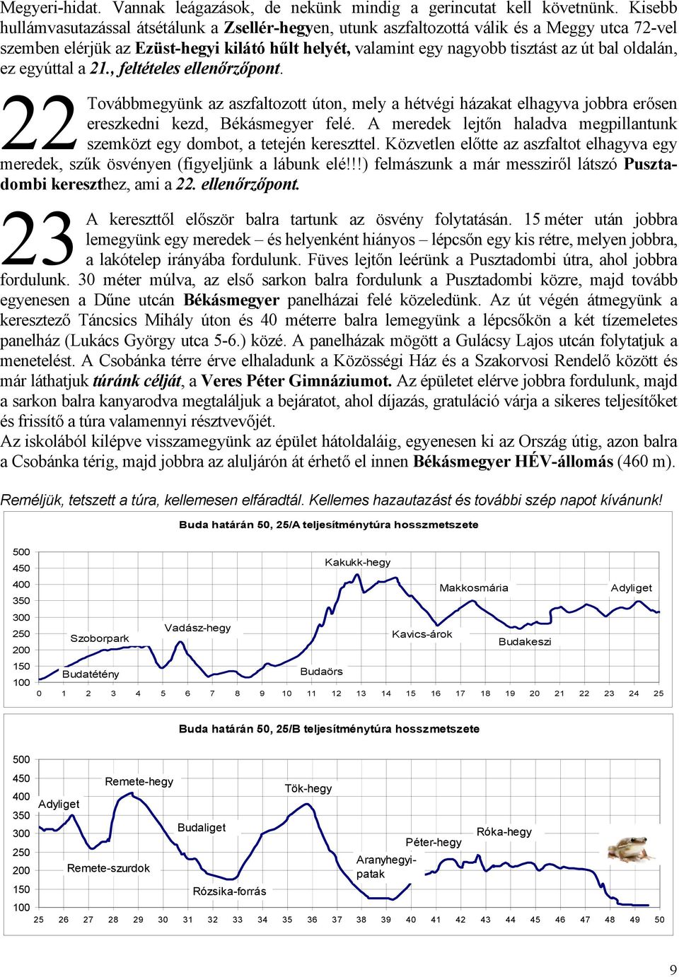 oldalán, ez egyúttal a 21., feltételes ellenőrzőpont. 22 Továbbmegyünk az aszfaltozott úton, mely a hétvégi házakat elhagyva jobbra erősen ereszkedni kezd, Békásmegyer felé.
