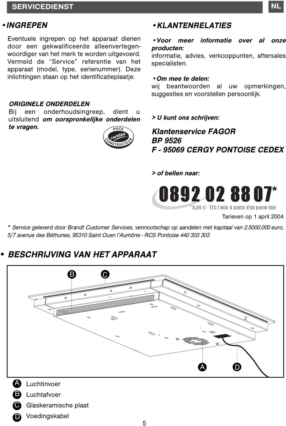 ORIGINELE ONDERDELEN Bij een onderhoudsingreep, dient u uitsluitend om oorspronkelijke onderdelen te vragen.