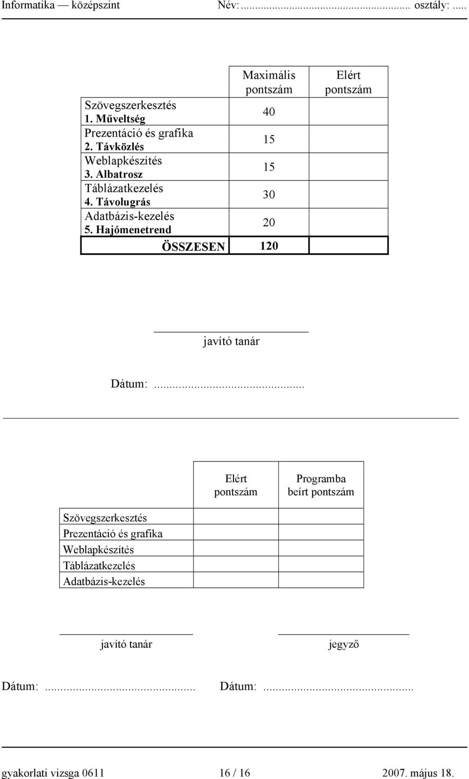 Hajómenetrend 20 ÖSSZESEN 120 Elért pontszám javító tanár Dátum:.