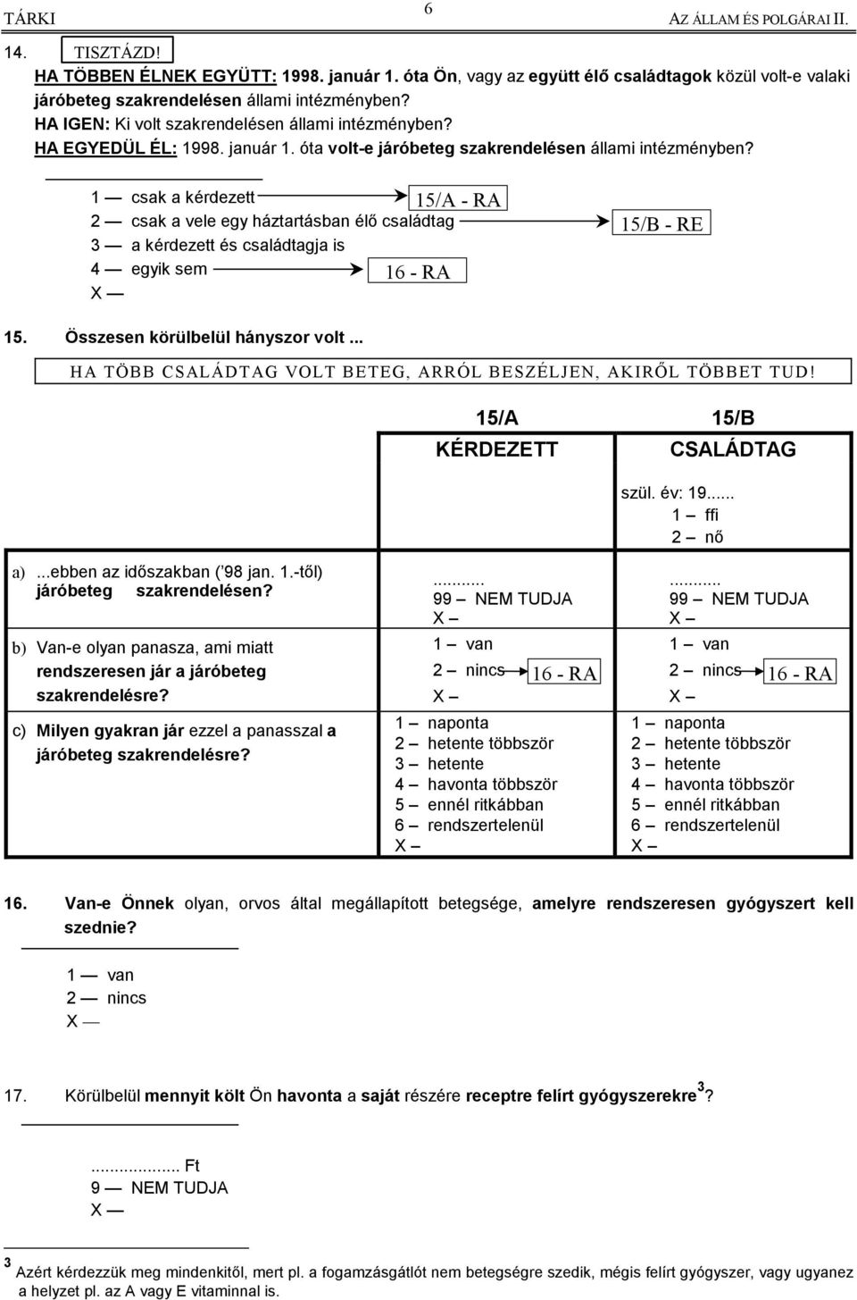 1 csak a kérdezett 2 csak a vele egy háztartásban élő családtag 3 a kérdezett és családtagja is 4 egyik sem 16 - RA 15/A - RA 15/B - RE 15. Összesen körülbelül hányszor volt.