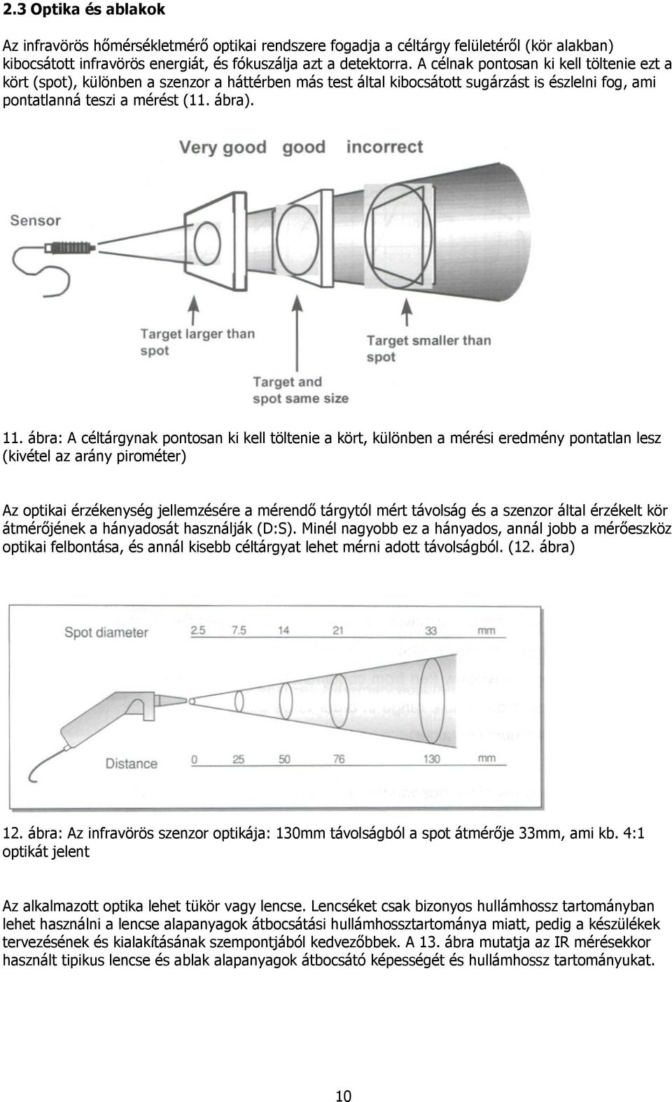 ábra: A céltárgynak pontosan ki kell töltenie a kört, különben a mérési eredmény pontatlan lesz (kivétel az arány pirométer) Az optikai érzékenység jellemzésére a mérendı tárgytól mért távolság és a