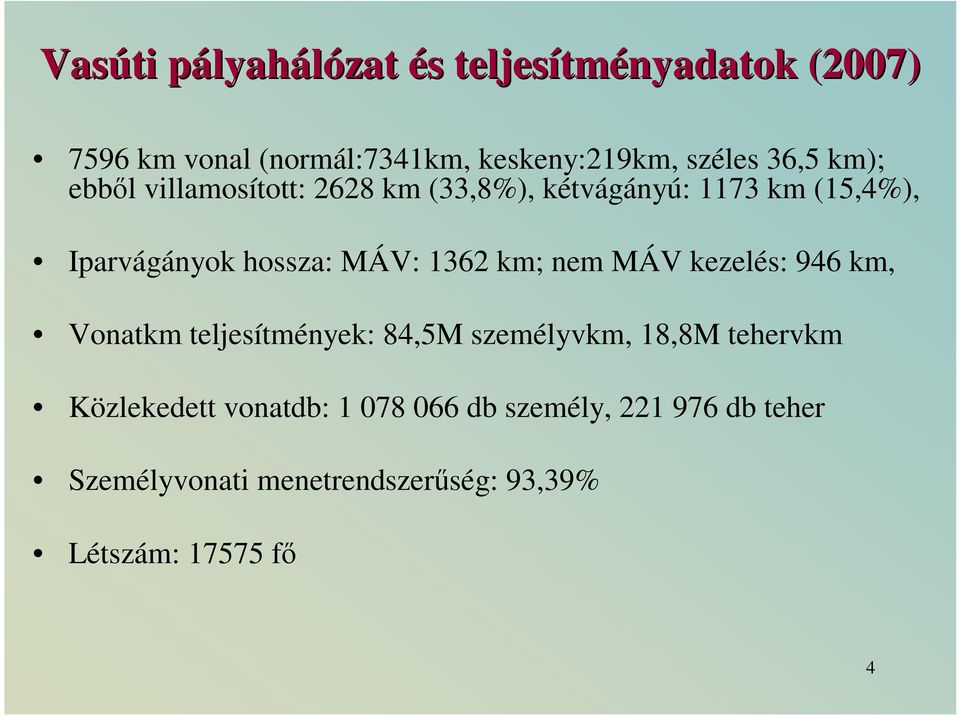 MÁV: 1362 km; nem MÁV kezelés: 946 km, Vonatkm teljesítmények: 84,5M személyvkm, 18,8M tehervkm