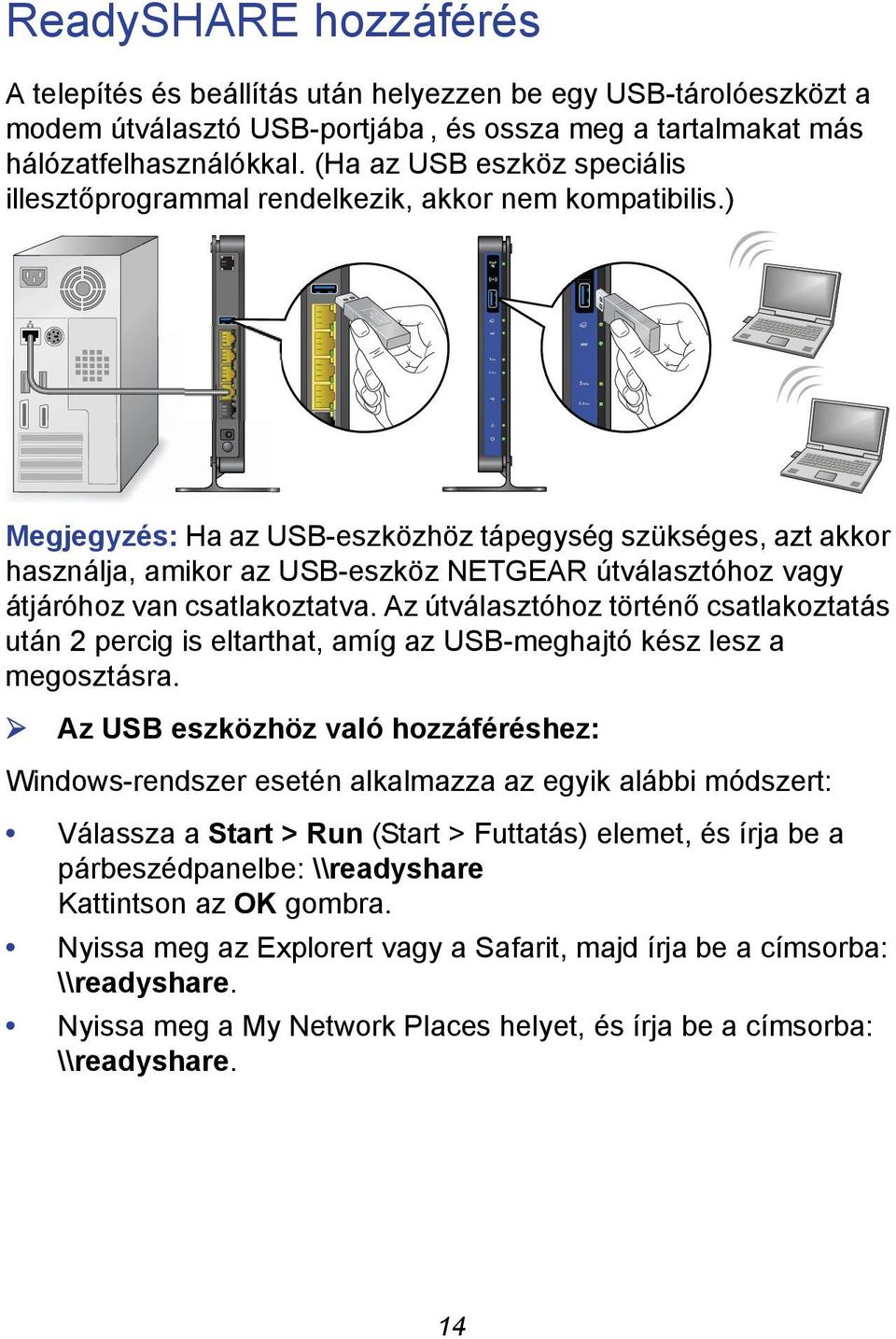 ) Megjegyzés: Ha az USB-eszközhöz tápegység szükséges, azt akkor használja, amikor az USB-eszköz NETGEAR útválasztóhoz vagy átjáróhoz van csatlakoztatva.