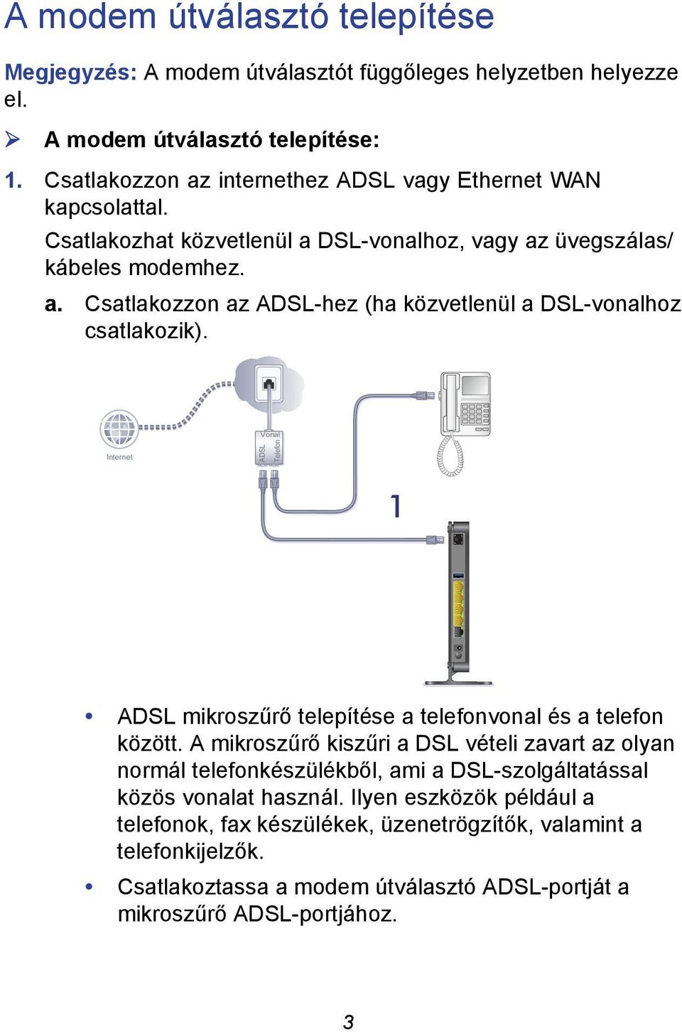 Vonal Internet ADSL Telefon 1 ADSL mikroszűrő telepítése a telefonvonal és a telefon között.