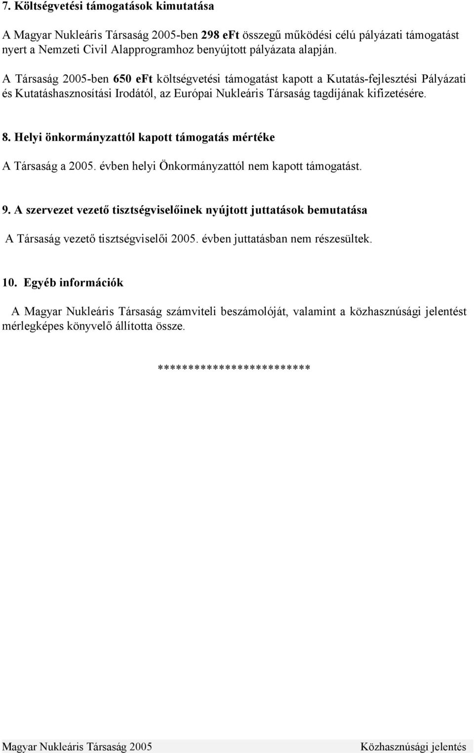 Helyi önkormányzattól kapott támogatás mértéke A Társaság a 2005. évben helyi Önkormányzattól nem kapott támogatást. 9.