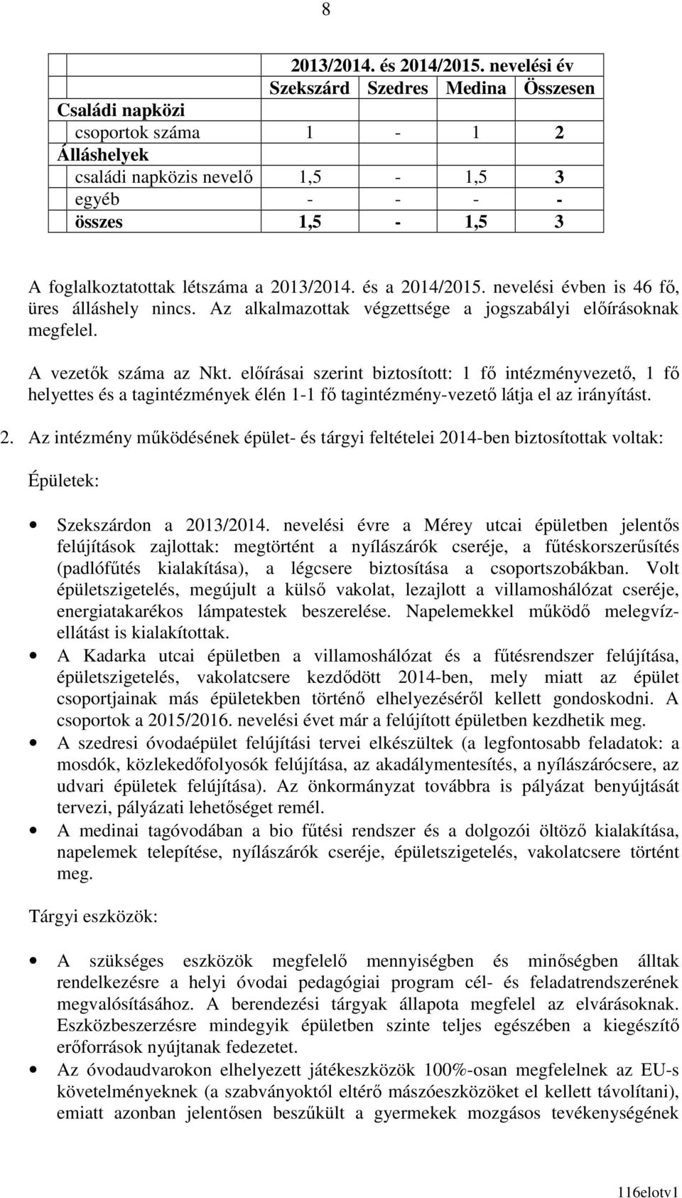 2013/2014. és a 2014/2015. nevelési évben is 46 fı, üres álláshely nincs. Az alkalmazottak végzettsége a jogszabályi elıírásoknak megfelel. A vezetık száma az Nkt.