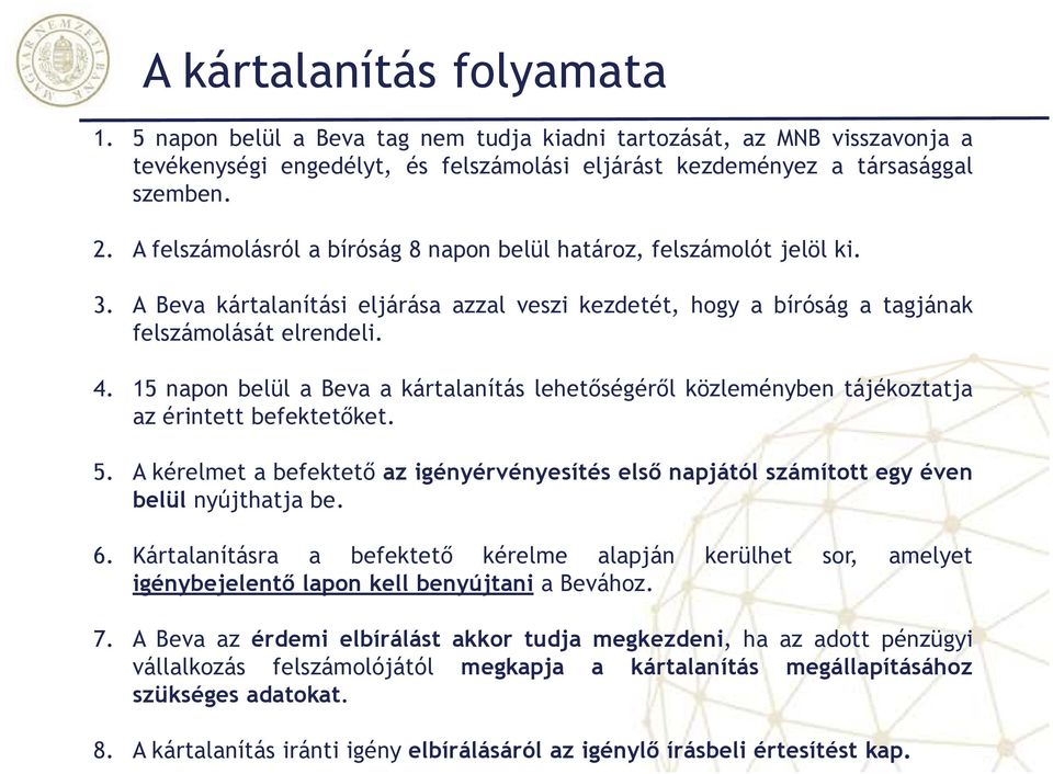15 napon belül a Beva a kártalanítás lehetőségéről közleményben tájékoztatja az érintett befektetőket. 5.