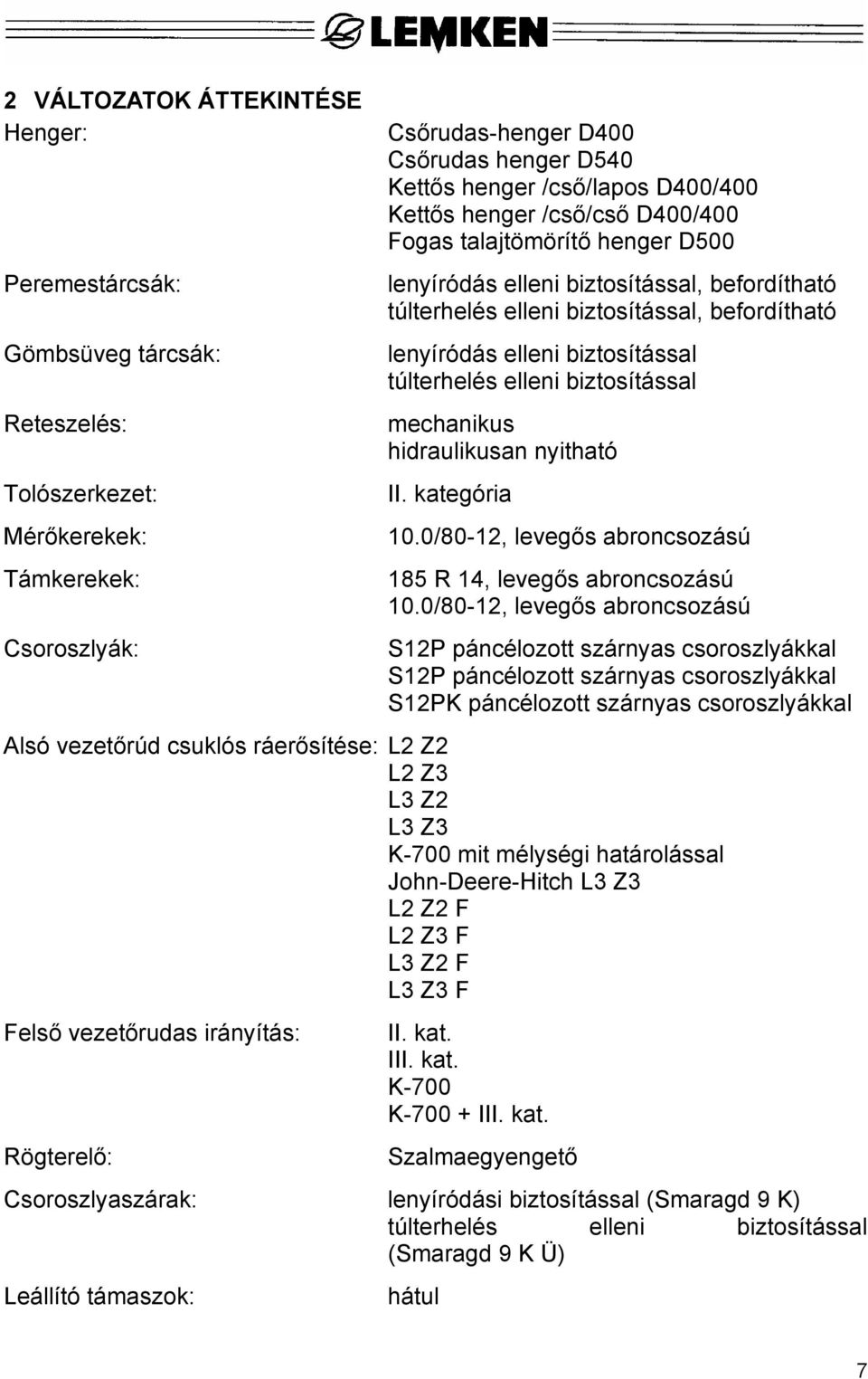 túlterhelés elleni biztosítással mechanikus hidraulikusan nyitható II. kategória 10.0/80-12, levegős abroncsozású 185 R 14, levegős abroncsozású 10.