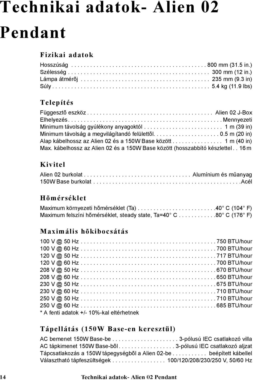 ................................................ Mennyezeti Minimum távolság gyúlékony anyagoktól......................... 1 m (39 in) Minimum távolság a megvilágítandó felülettõl..................... 0.