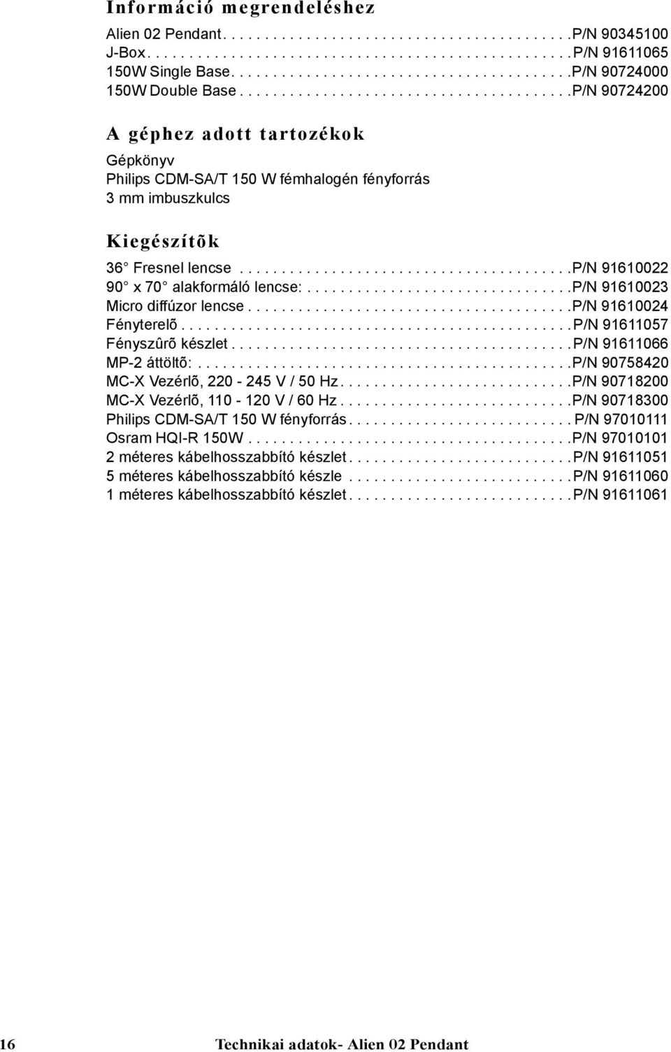 .......................................P/N 90724200 A géphez adott tartozékok Gépkönyv Philips CDM-SA/T 150 W fémhalogén fényforrás 3 mm imbuszkulcs Kiegészítõk 36 Fresnel lencse.