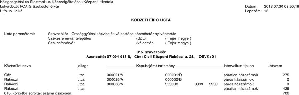, OEVK: 01 Gáz utca 000001/A 000001/D páratlan házszámok 275 Rákóczi utca 000028/A