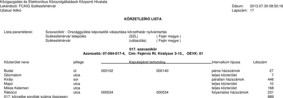, OEVK: 01 Budai út 000102 000140 páros házszámok 27 Gõzmalom utca teljes közterület 7 Király sor