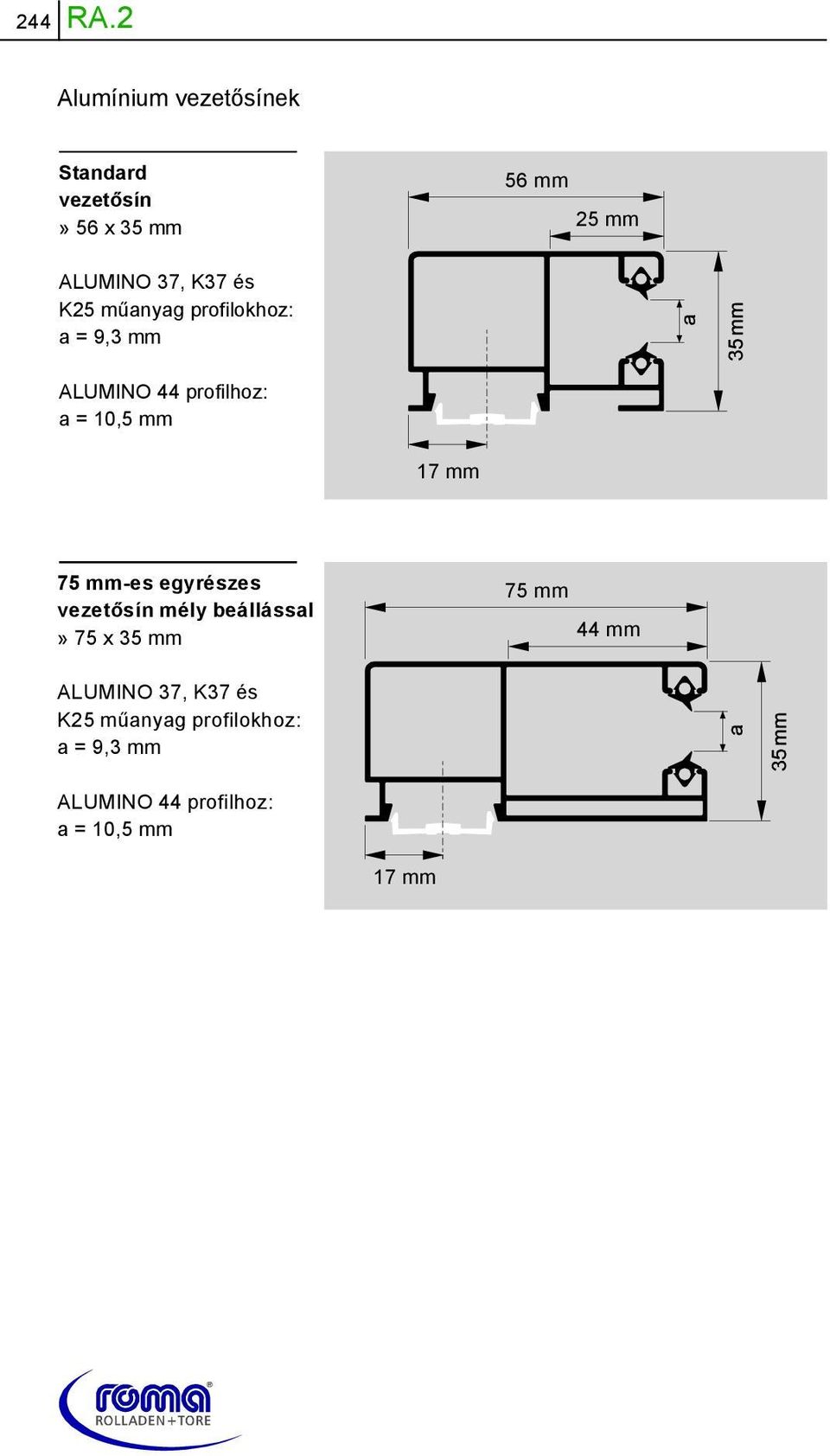 K25 műanyag profilokhoz: a = 9,3 mm ALUMINO 44 profilhoz: a = 10,5 mm 17 mm 75