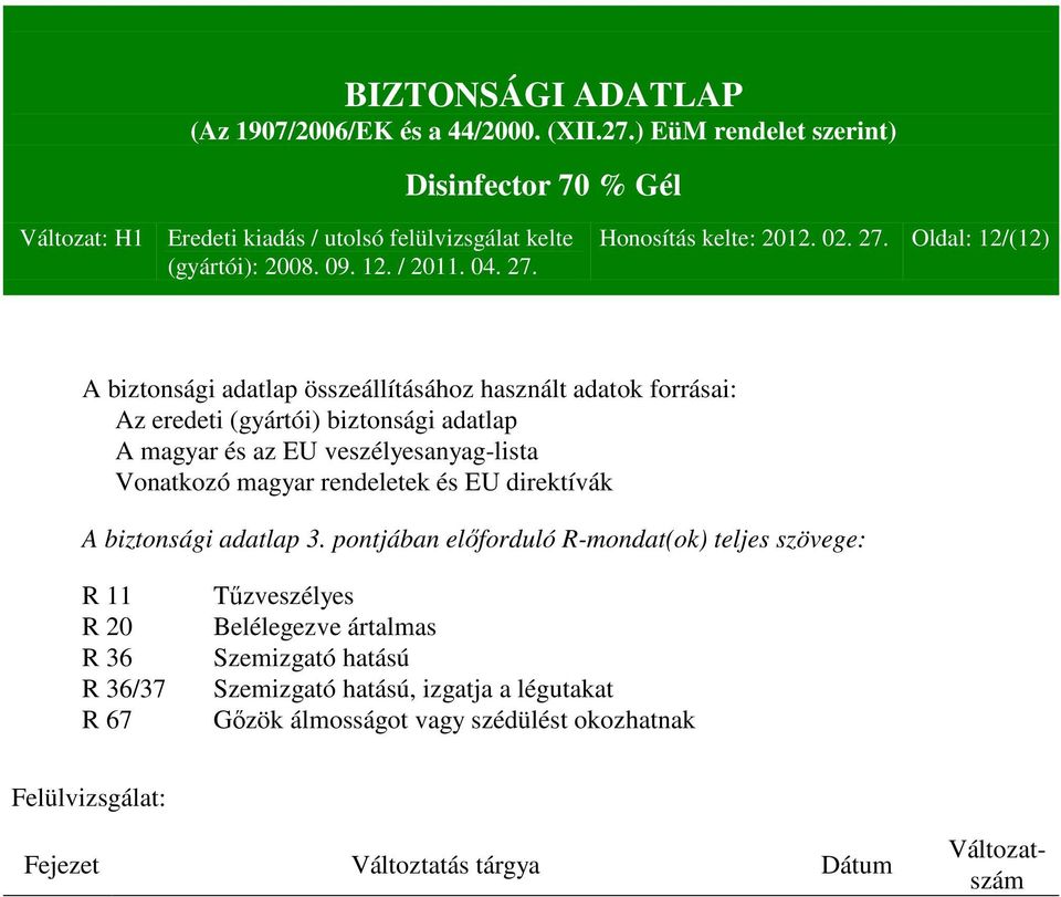 az EU veszélyesanyag-lista Vonatkozó magyar rendeletek és EU direktívák A biztonsági adatlap 3.