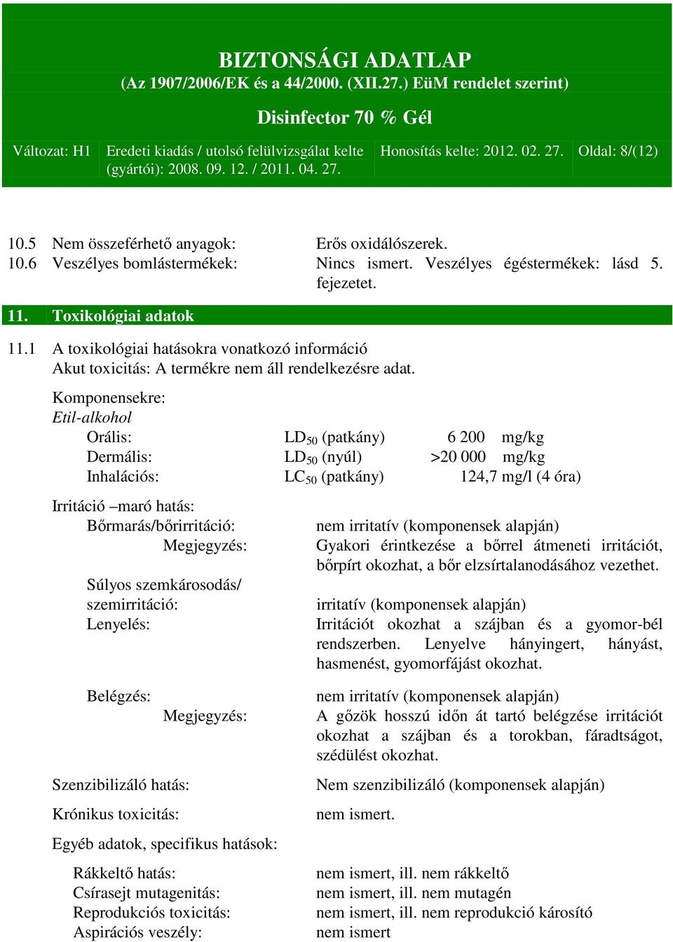 Komponensekre: Etil-alkohol Orális: LD 50 (patkány) 6 200 mg/kg Dermális: LD 50 (nyúl) >20 000 mg/kg Inhalációs: LC 50 (patkány) 124,7 mg/l (4 óra) Irritáció maró hatás: Bőrmarás/bőrirritáció: