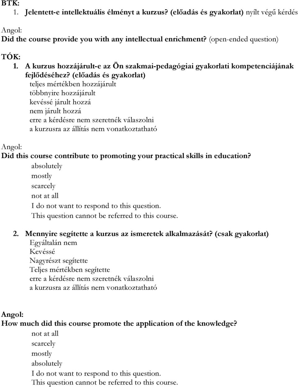 (előadás és gyakorlat) teljes mértékben hozzájárult többnyire hozzájárult kevéssé járult hozzá nem járult hozzá a kurzusra az állítás nem vonatkoztatható Did this course contribute to promoting your