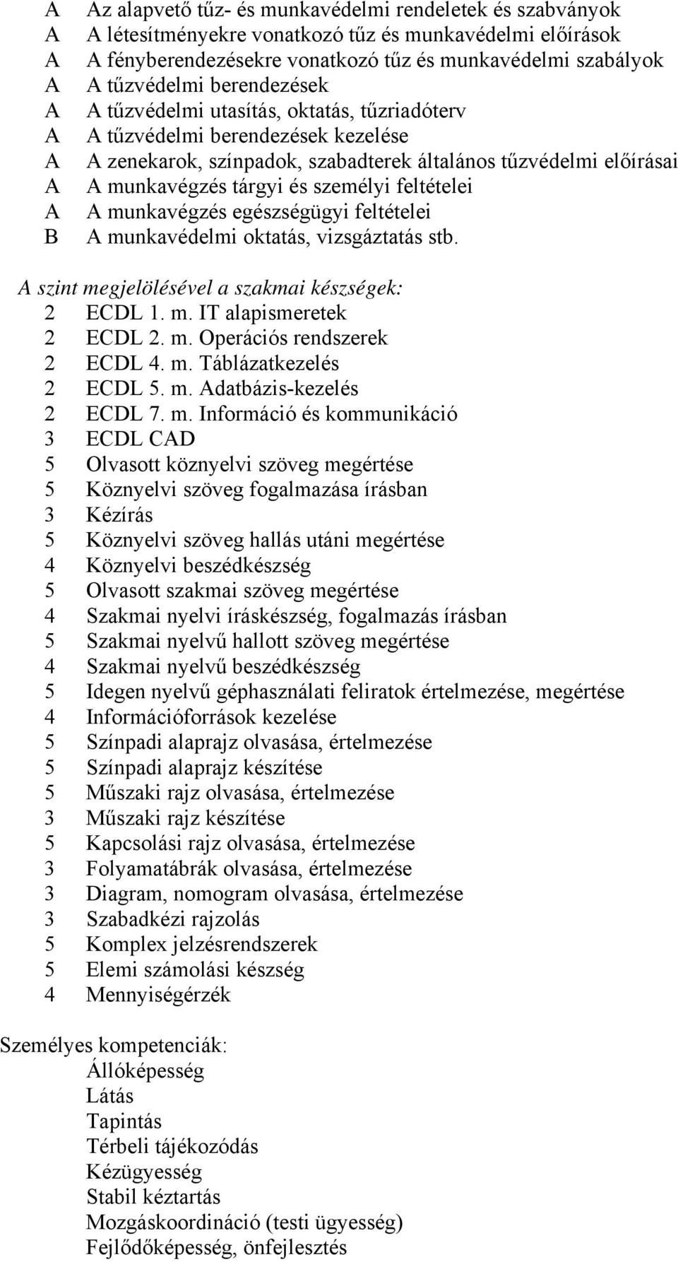 egészségügyi feltételei munkavédelmi oktatás, vizsgáztatás stb. szint megjelölésével a szakmai készségek: 2 ECDL 1. m. IT alapismeretek 2 ECDL 2. m. Operációs rendszerek 2 ECDL 4. m. Táblázatkezelés 2 ECDL 5.