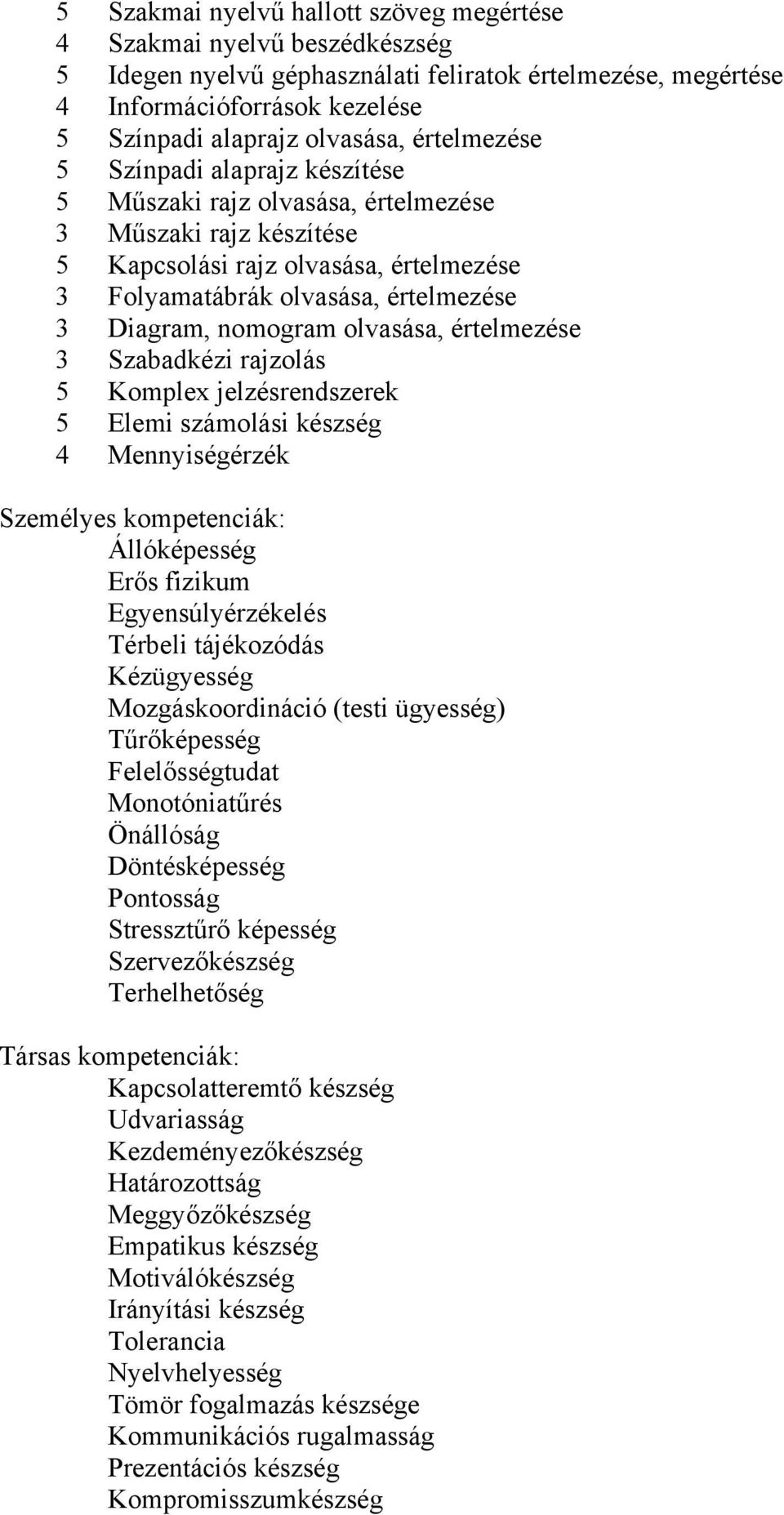 nomogram olvasása, értelmezése 3 Szabadkézi rajzolás 5 Komplex jelzésrendszerek 5 Elemi számolási készség 4 Mennyiségérzék Személyes kompetenciák: Állóképesség Erős fizikum Egyensúlyérzékelés Térbeli